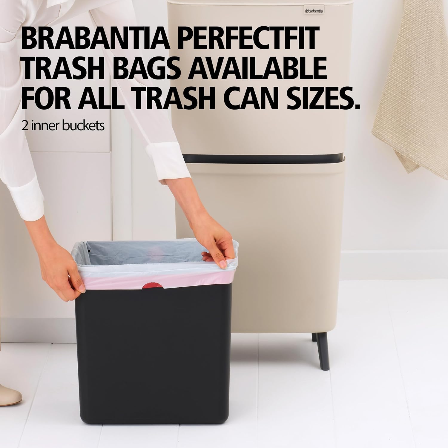 Brabantia SortUp Hi Recycling Bin with Raised Legs | 2 Removable Compartments | 5.3 + 6.6 Gal | Soft Beige | Slim & Tall Kitchen Trash Can, Garbage Can with Soft-Close Lid