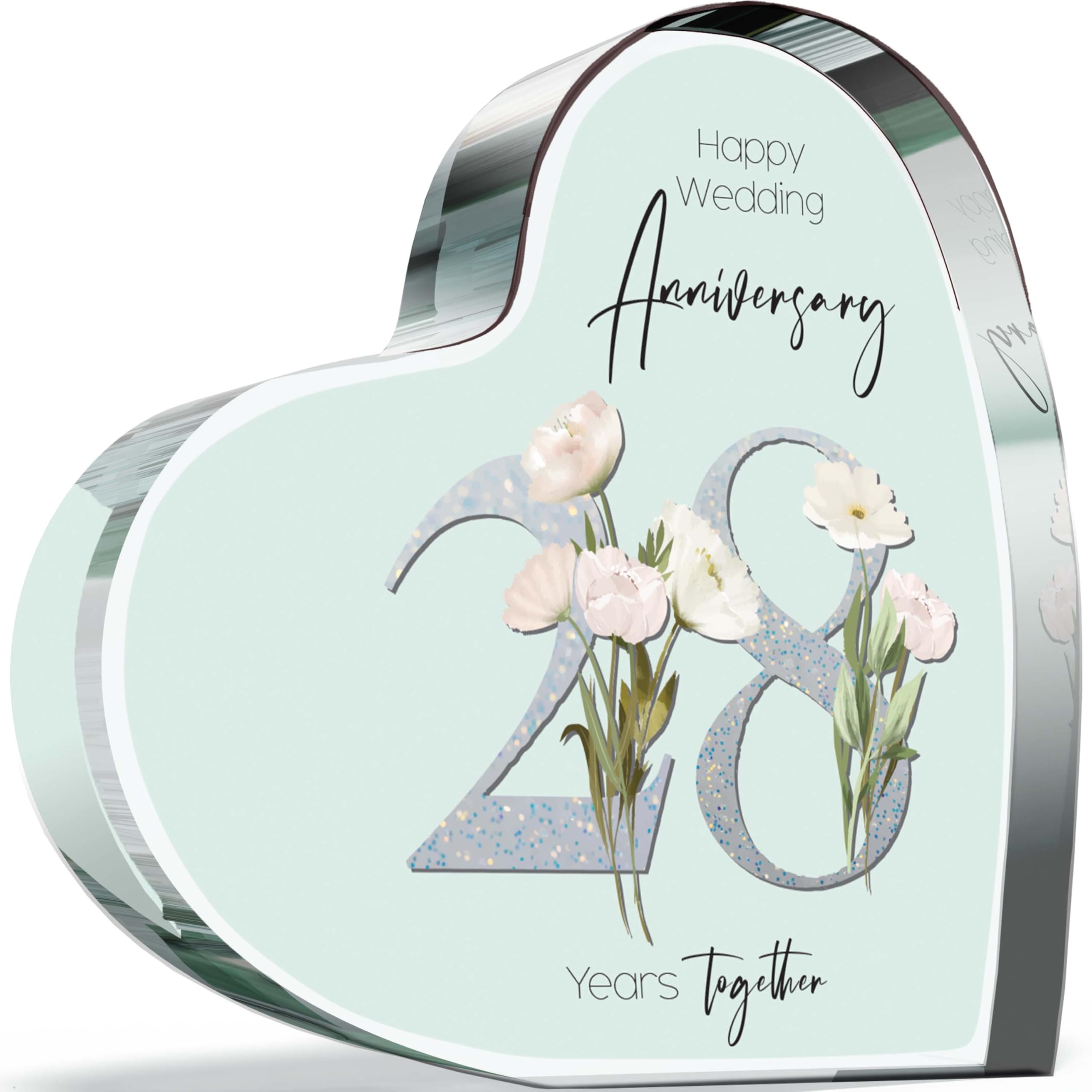 Giftzie Women's 28 Th Anniversary Plaque Gifts For Wife Husband - Years Together - I Love You Romantic Acrylic Heart Gift For Men, 100Mm Floral Present For Couples Twenty-Eighth Anniversaries