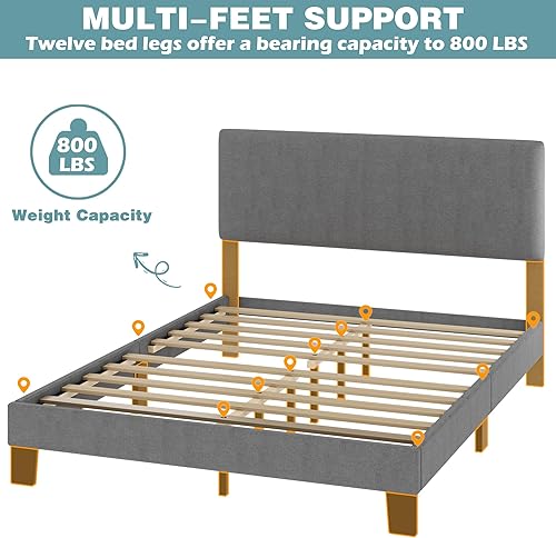 Miniatura 5 de Lifezone Base de cama matrimonial con cabecero, base de cama tapizada de lino con cabecero ajustable, no necesita somier, pies resistentes, base de