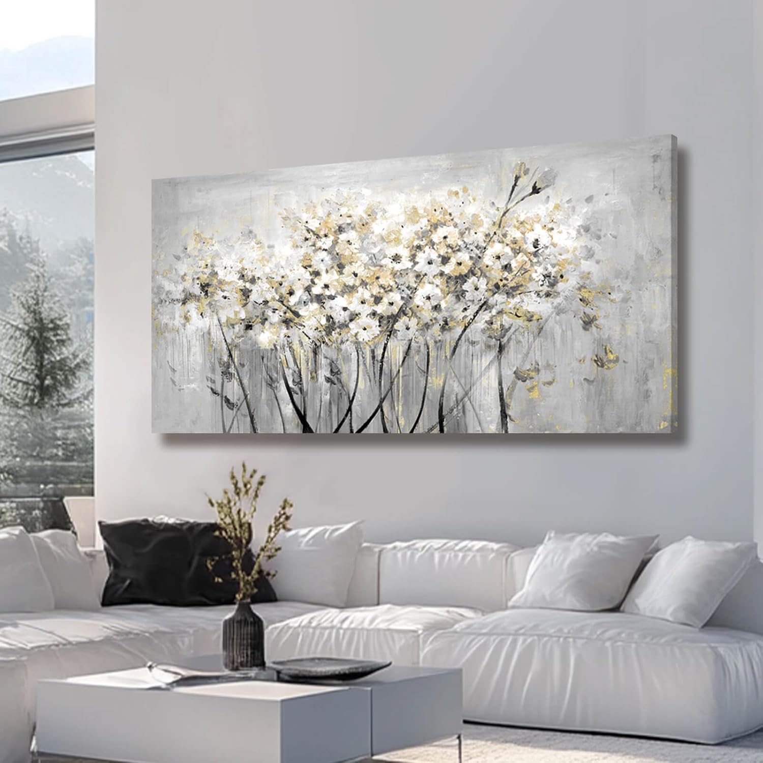 Flowers Canvas Wall Art White Paintings Grey Gold Contemporary Artwork Master Bedroom Wall Decor 29"x 58" Large Framed Art for Living Room Office Home Decor 29"x58" Green