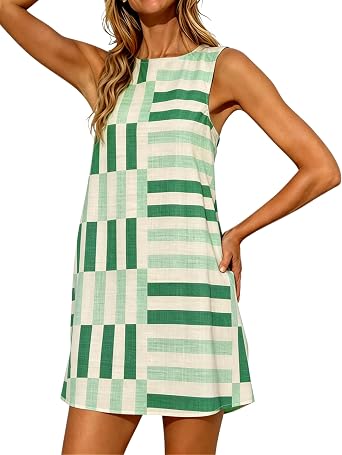 Womens Summer Boho A-Line Mini Dress Casual Color Block Sundress Sleeveless Beach Vacation Coverups