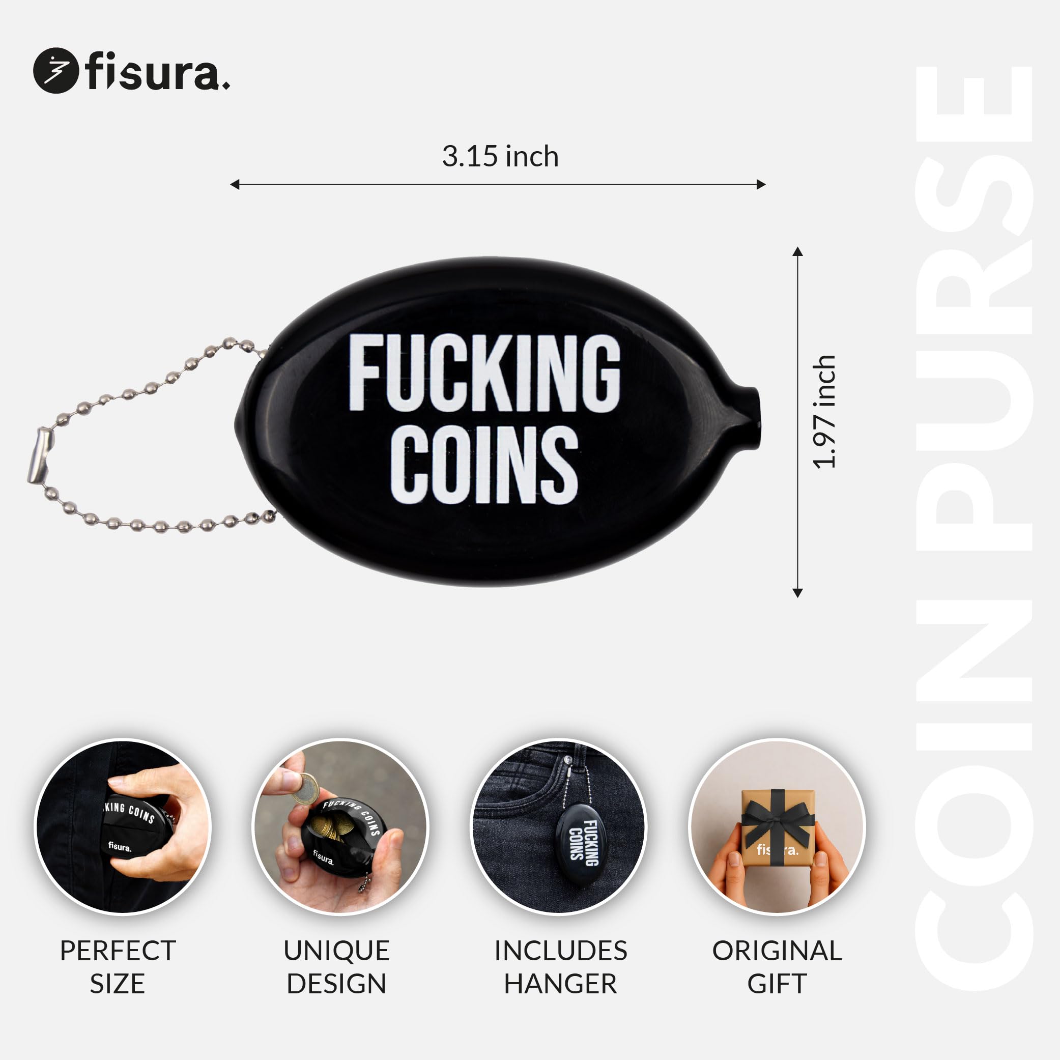 Fisura – Owalna portmonetka z gumy “F*cking coins” w kolorze czarnym. Retro portfel z łańcuszkiem, mały unisex portfel do kieszeni, idealny na prezent. 1 sztuka.