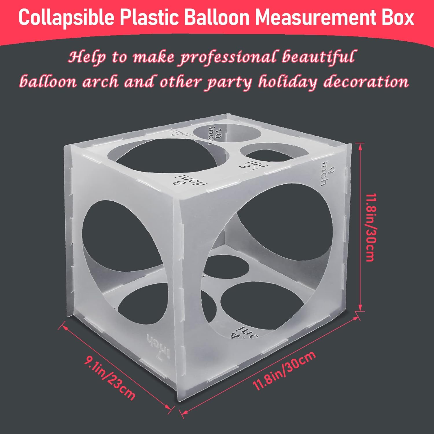 11 Holes Balloon Sizer Cube Box, Catcan 2-10 Inch Collapsible Plastic Balloon Size Measurement Tool for Party Balloon Arches Columns Decoration