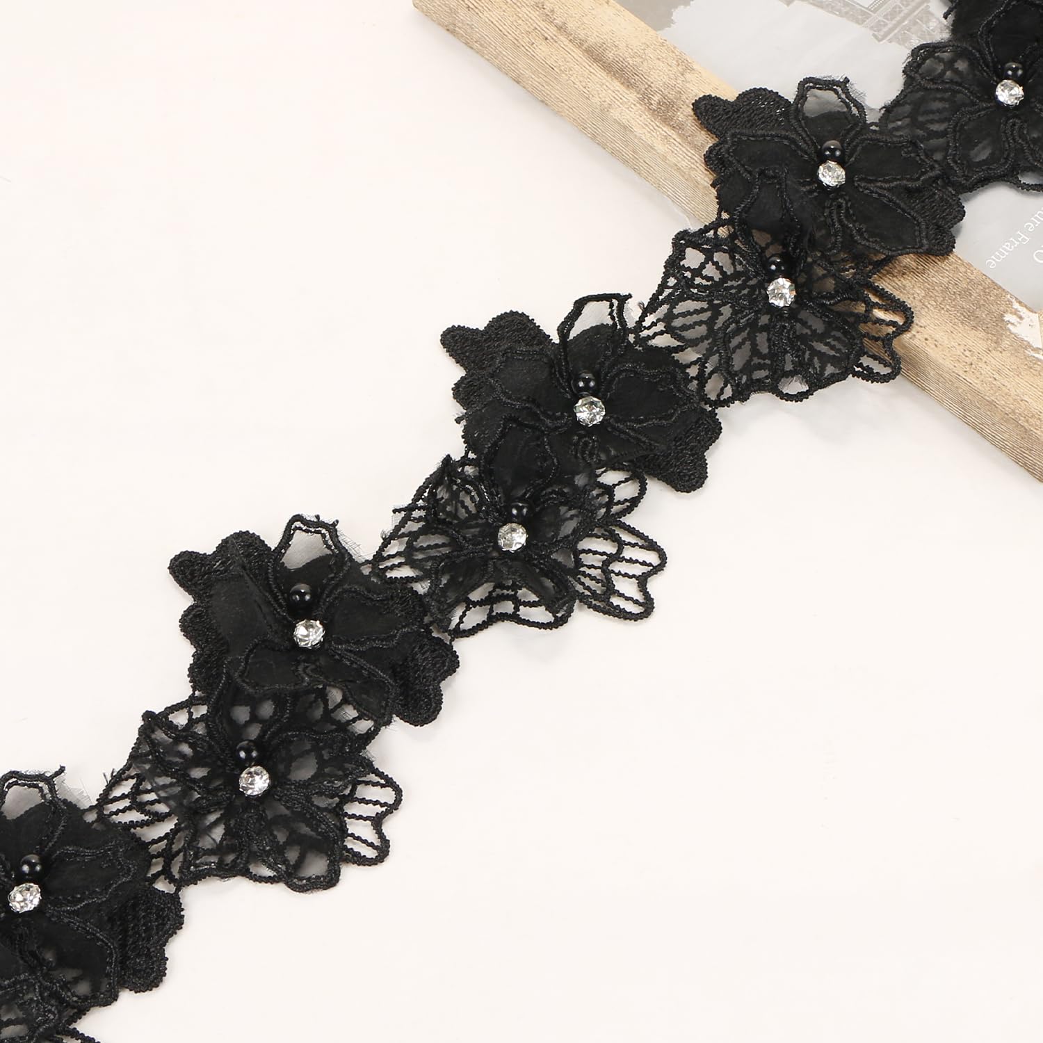 2 Yards UHOMENY Double Lace Floral Trim Ribbon with Pearl Rhinestone, Vintage Flower Trim for Sewing Crafts Wedding Clothes Party Decor (Black)