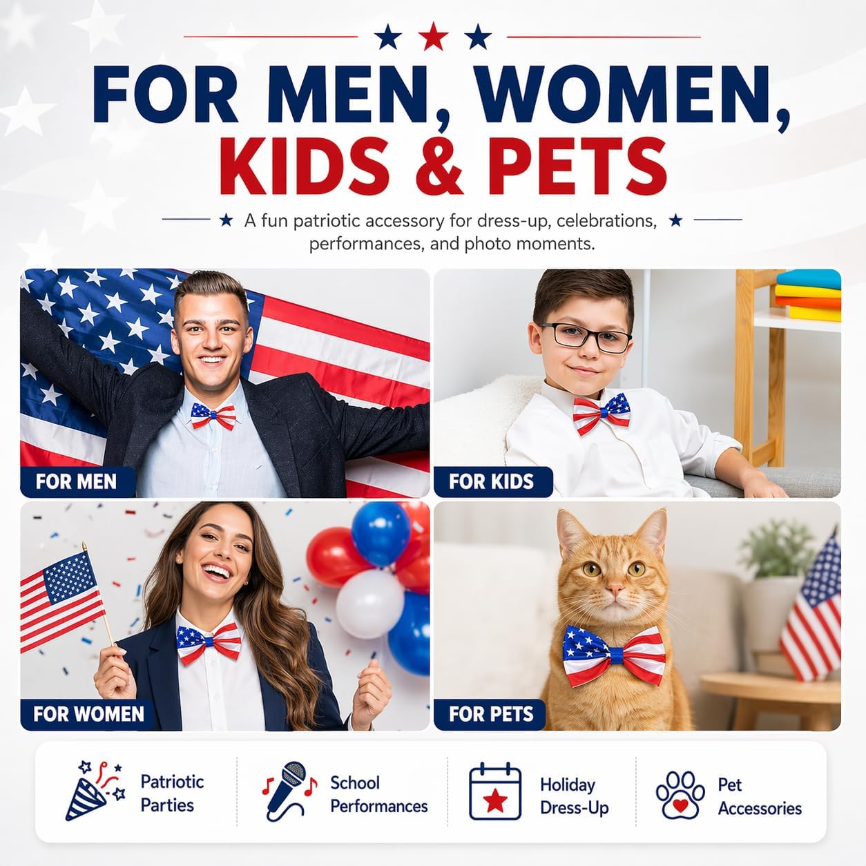 Men's American Flag Bow Tie, Adjustable USA Patriotic Bow Tie Necktie for Boy & Girl, American Flag 4th of July Bow Ties Unisex Pet Accessories