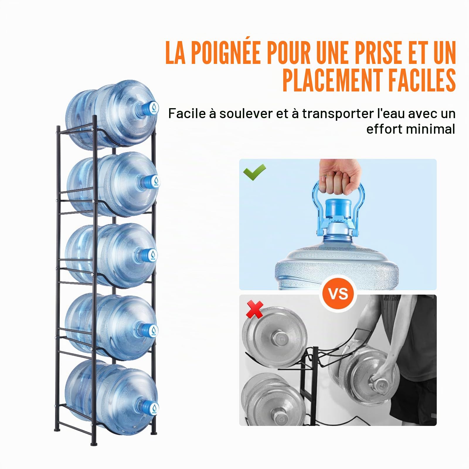 VEVOR Rack à Bonbonnes à 5 Niveaux et 1 Rangée, Support Bouteille d’Eau de 18,9 L, Capacité 5 Pièces, Range Bonbonnes d’Eau Solide, Rangement pour Garde-Manger, Cuisine, Bureau, Salon, Usine, Noir