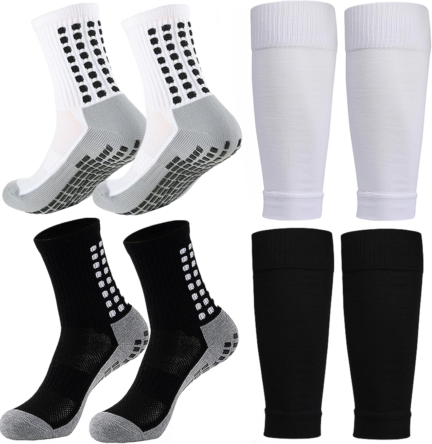 KMOLY 1 Set Kids Grip Soccer Socks and Shin Guard Sleeves for Age 7-14 Youth Boys Children Football Basketball Training