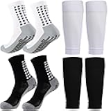KMOLY 1 Set Kids Grip Soccer Socks and Shin Guard Sleeves for Age 7-14 Youth Boys Children Football Basketball Training