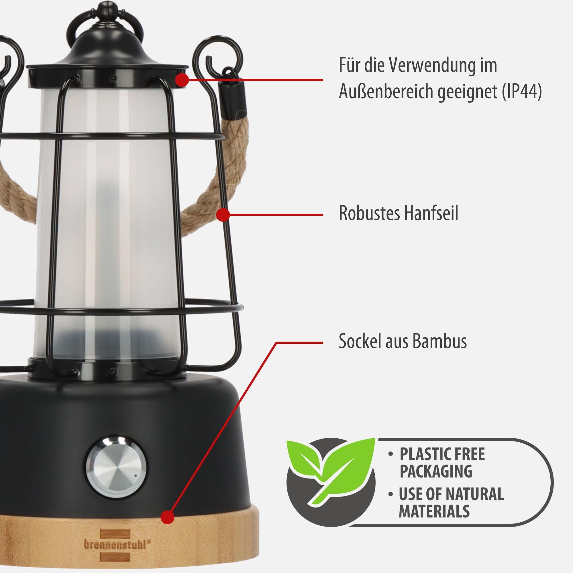 Brennenstuhl Lanterna da campeggio ricaricabile a LED Cal 1 AC (350lm, IP44, durata della luce fino a 75h, dimmerabile, ricaricabile USB C, luce esterna con corda di canapa e base in bambù)