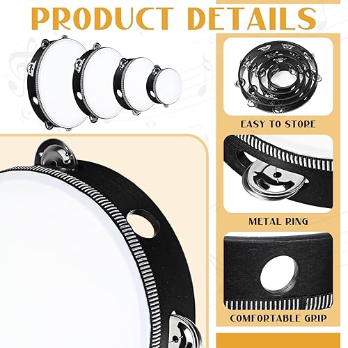 Miniatura 10 de Pandereta de 8 piezas para adultos, pandereta de madera de mano, viene en 4 tamaños de tejas de metal de una sola fila, pandereta, educativa,