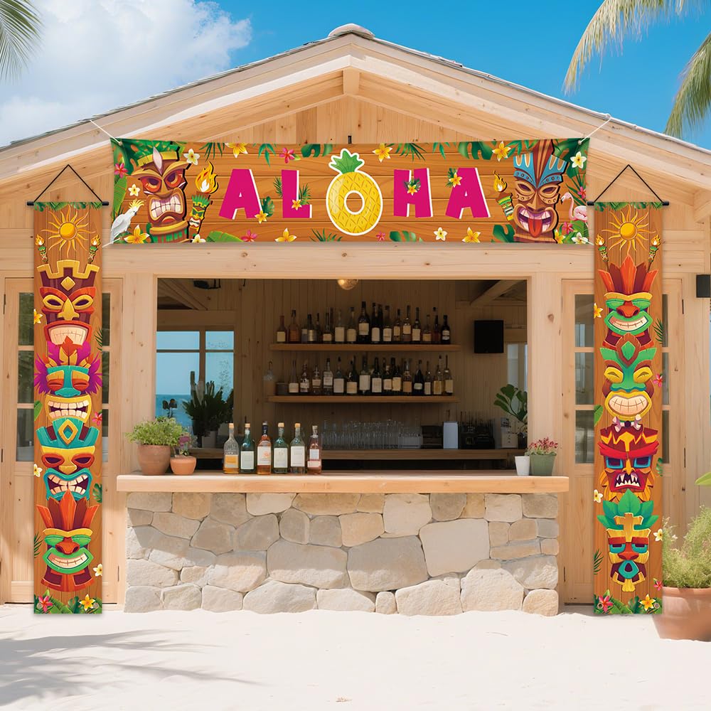 AIBIIN Hawaiian Luau Party Decorations, Tiki Aloha Banner Welcome Door Porch Signs for Tiki Bar Tropical Carnival Party Supplies for Wall Hanging