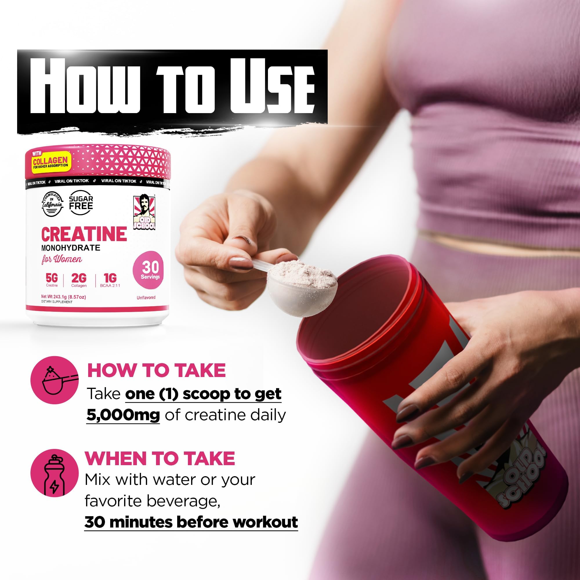 5g Creatine Monohydrate Powder for Women Booty Gain +2000mg Collagen +1g BCAA 2:1:1 (No Fillers) Supports Lean Muscles & Recovery, Pump, Energy & Stamina - Micronized, Natural & Made in USA - 240g