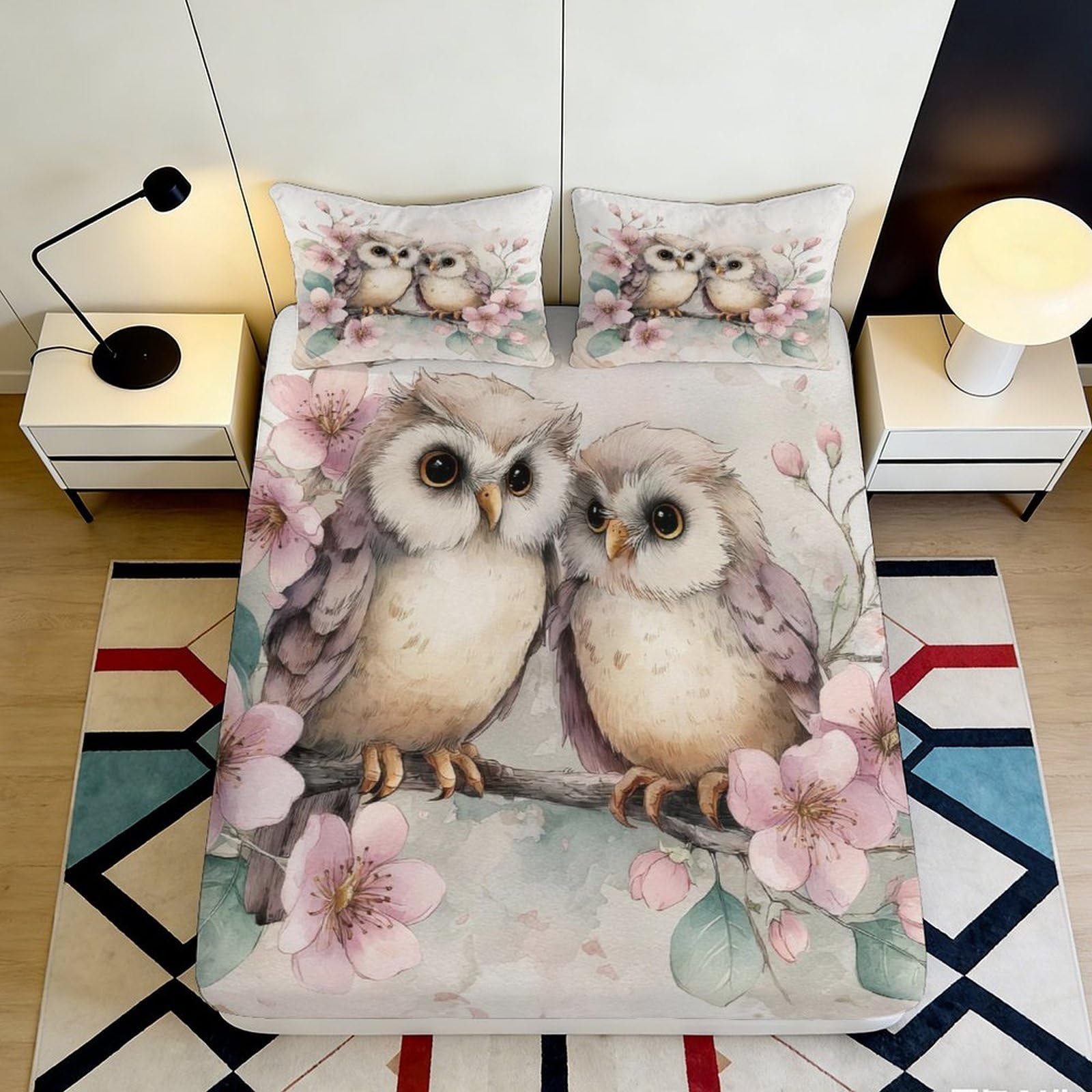 3D Printed Cute Owl Fitted Sheet, Soft Touch Microfiber, Wrinkle Resistant, Bed Cover for Bedroom, Guest Room, Apartment Bedding, Easy Care, Floral Theme, 200x200x25cm