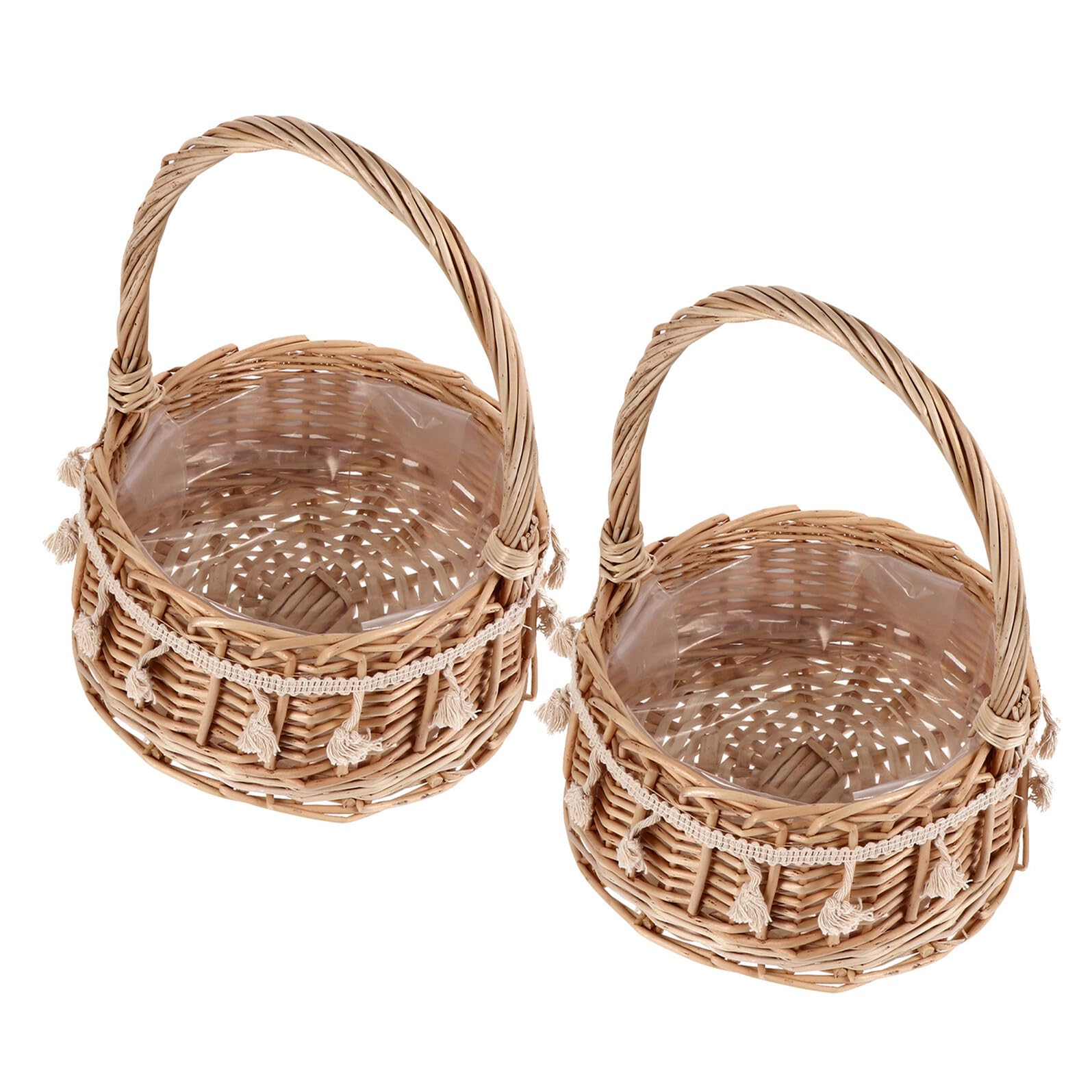 VALICLUD Lot de 2 Paniers en Rotin Tissé à la Main avec Poignée Petits Paniers Ronds Décoratifs Bleu 15 CM avec Pompons pour Demoiselle d'Honneur Rangement Floral et Cérémonies