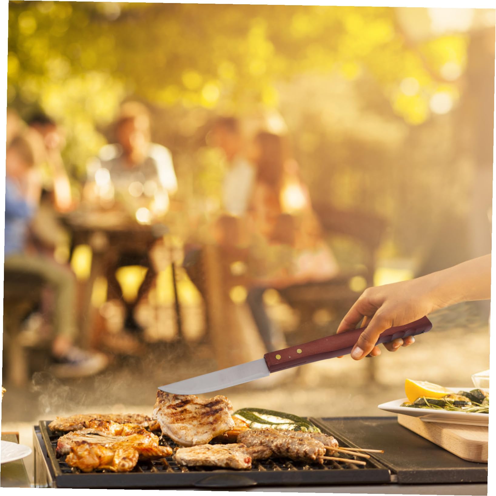 1 Satz Edelstahl Grillbesteck mit Holzgriff, Schwarz, Outdoor BBQ | Grillschürze und Handschuh Enthalten, Aufbewahrungstasche Dabei, für Camping und Grillparty