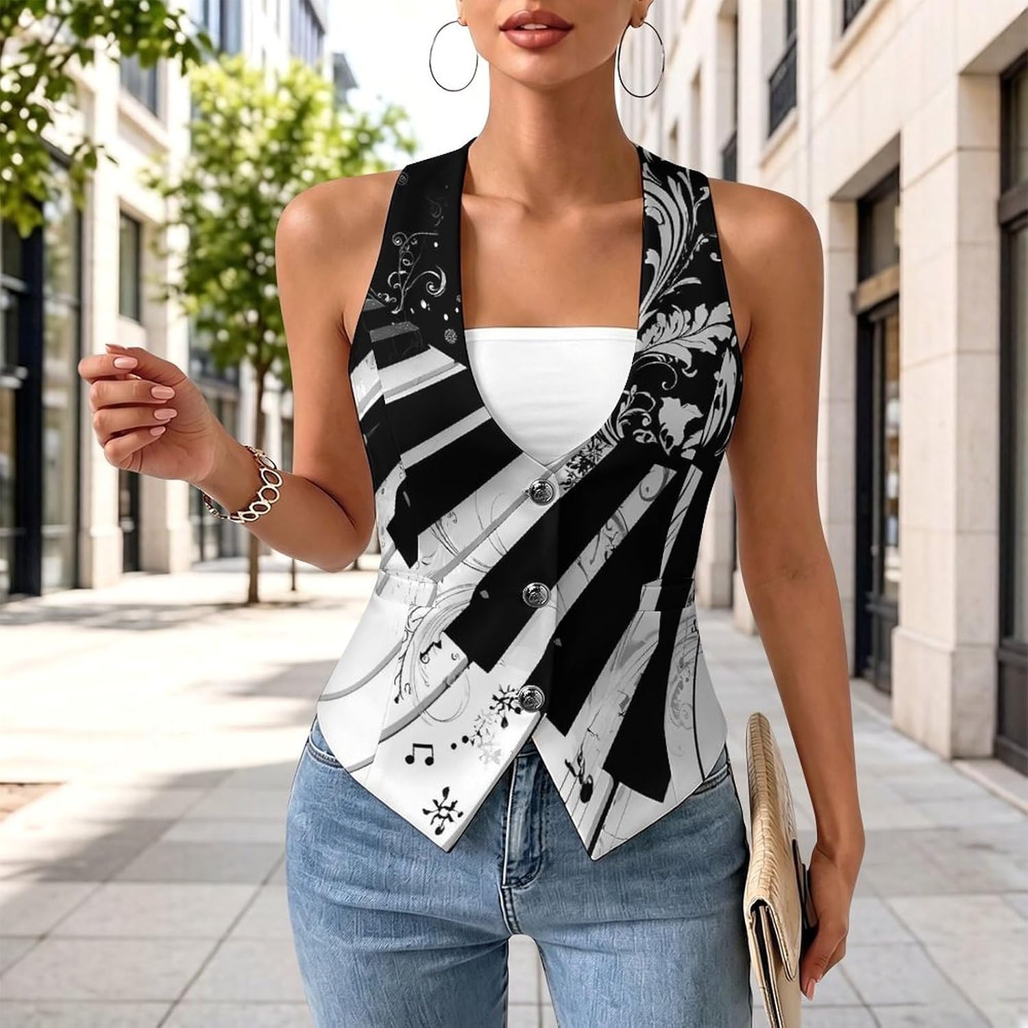 Piano Keys Music Note Women's Suit Vest Top Button Blazer 5XL | V-Neck,Wasitcoat,with Pockets,Sleeveless Jackets,Business Dress,Slim Fit,for Work Office,Dressy Casual