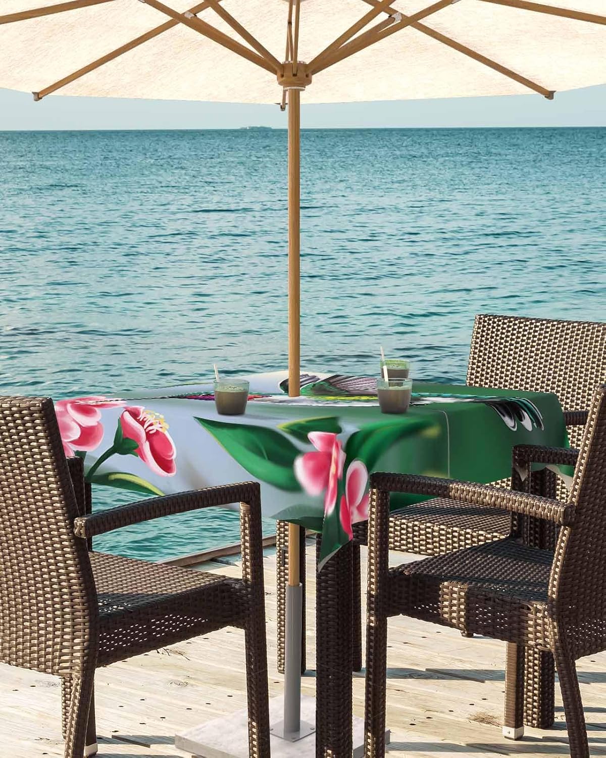 Outdoor Tablecloth with Umbrella Hole and Zipper 60" Square Spring Flowers Hummingbird Water Repellant Table Cover Tabletop Collection for Party Patio Picnic