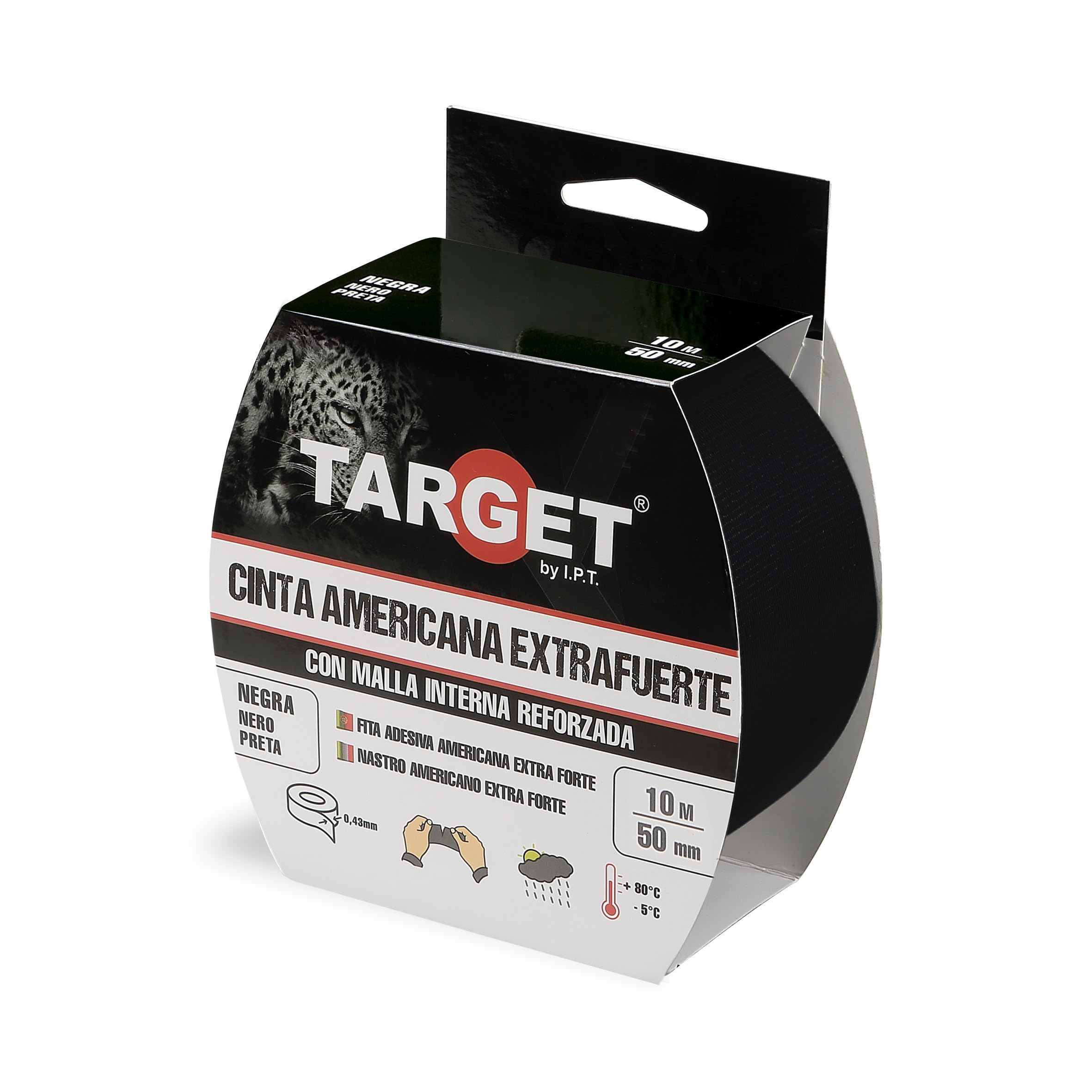 TARGET CTN1050N - Cinta Americana Extrafuerte, Heavy Duty | Reforzada con malla, Hasta 0,43mm de grosor (NEGRO, 10M X 50mm)