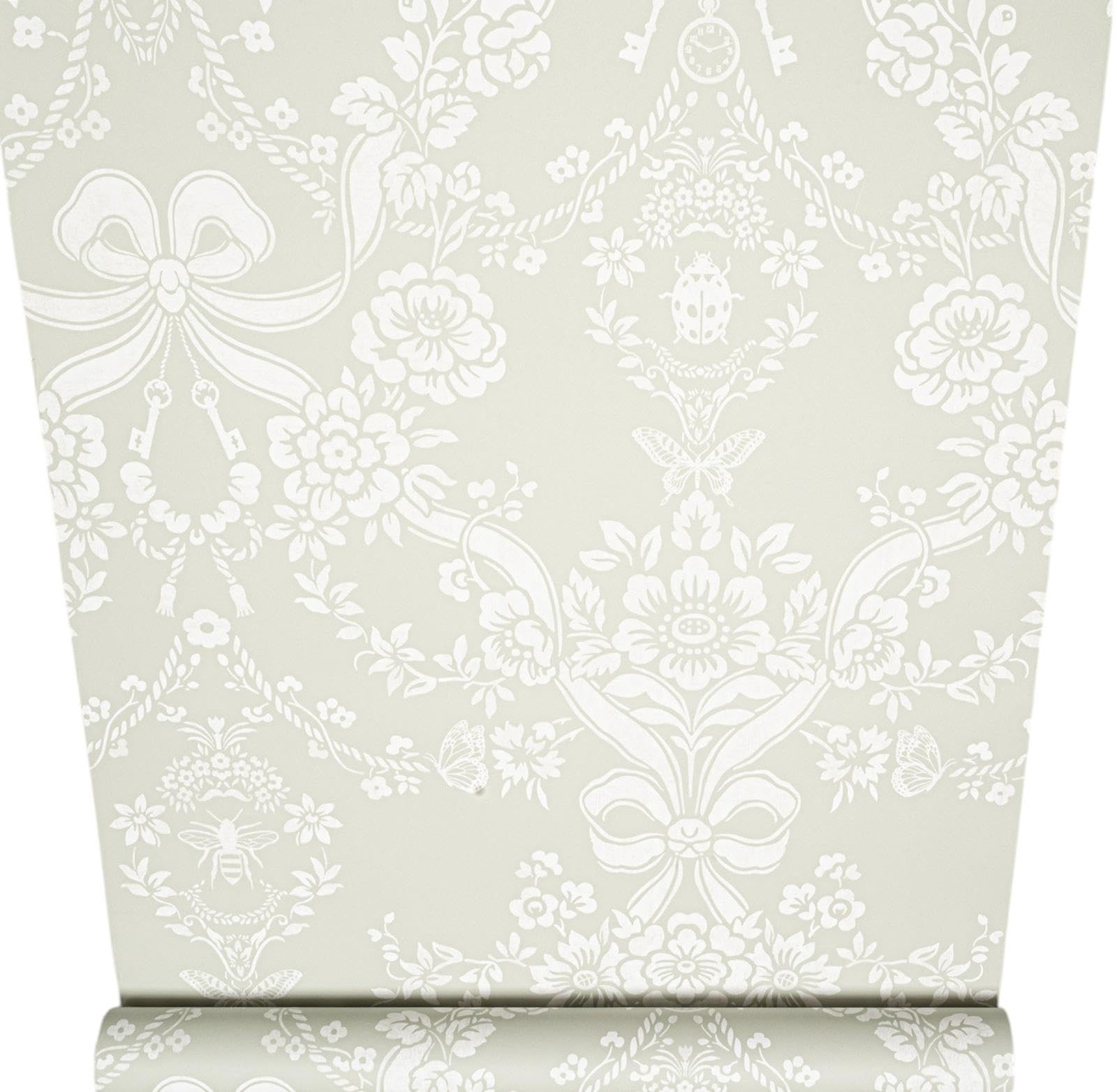 Sophie Laurence Sage Green Floral Wallpaper Damask Butterfly Bows Feature Wall Bedroom Lounge