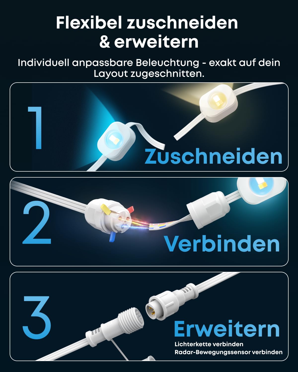 eufy Festinstallierte Outdoor-Lichterkette S4 – 30 m mit 72 LEDs, Radaraktivierte Beleuchtung, IP67 wasserdicht, KI-Stimmungslicht, Steuerung mit eufy-Kameras, Smart-RGBWW für Alltag & Feiertage