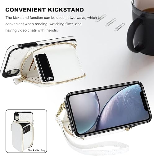 Miniatura 5 de Bocasal Funda tipo cartera cruzada para iPhone Xr, bloqueo RFID, de piel sintética, con cremallera, funda tipo cartera con función atril y ranuras