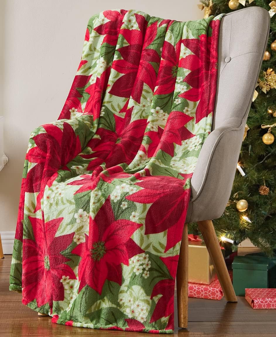 Holiday Poinsettia Decorative Throw Blanket: Soft and Comfy Fleece Christms Décor for Couch Bed, Colored: Red Green White Yellow (Pretty Poinsettia)