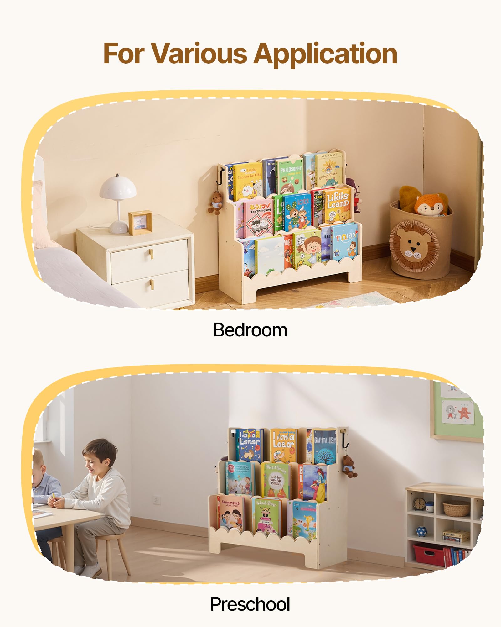 VEVOR Étagère à Livres pour Tout-Petits orientée vers l'avant, bibliothèque festonnée pour Enfants à 3 Niveaux avec 2 Crochets pour Suspendre Les Sacs à Dos, pour Chambre d'enfants, Salon, crèche