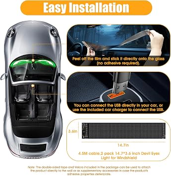 Devil's Eye for Car 2-Pack:14.7x3.6 Programmable ojos led para carro Windshield Display for Sedans, SUVs & Medium Trucks - USB-Powered LED Matrix Panel, Remote/App Control, Custom Car Sign
