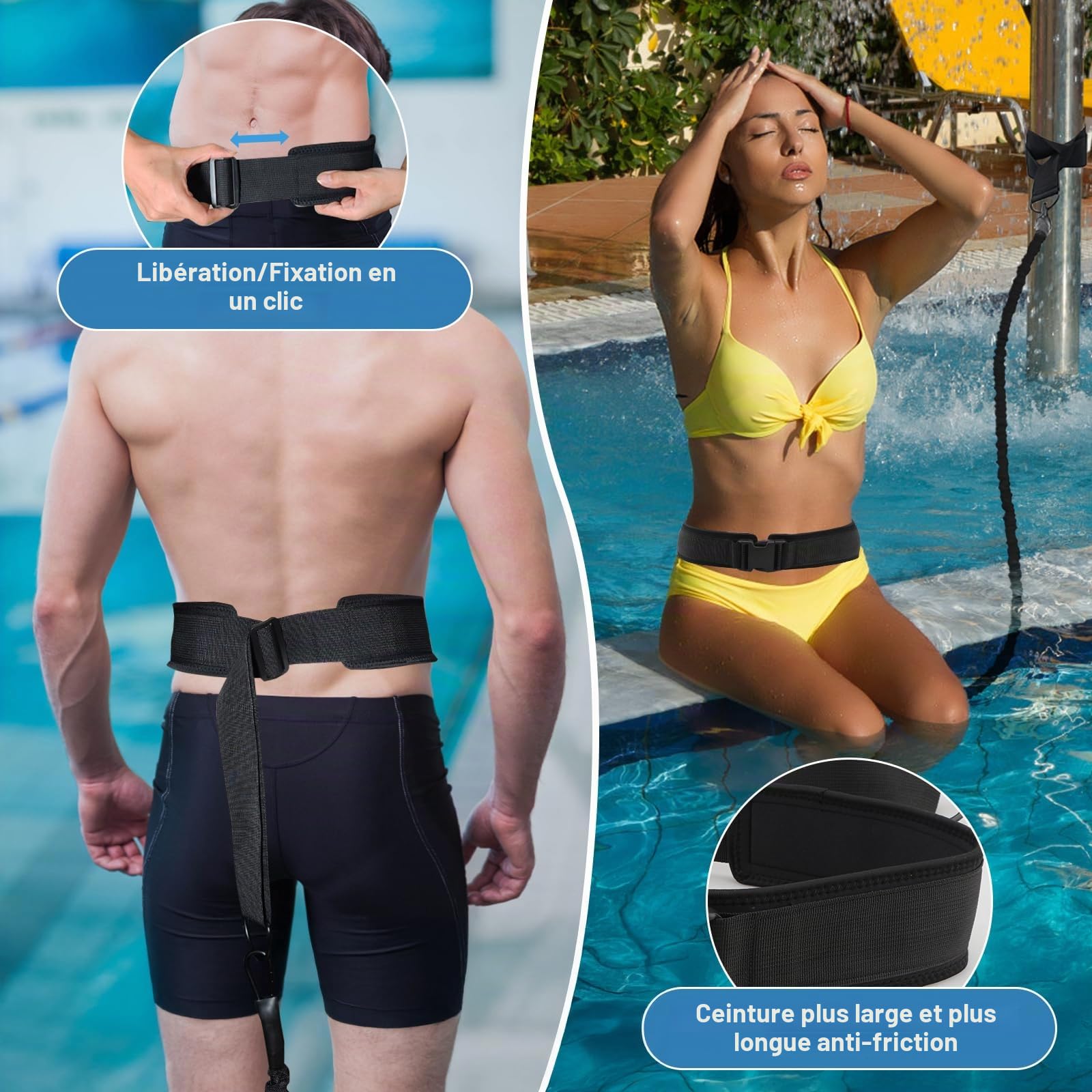 Ceinture de natation premium pour adultes pour piscine, ceinture de 3,5–8,5 m avec élastiques en caoutchouc, aide à la nage pour adultes, adaptée aux débutants et aux professionnels, pour