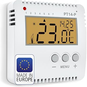 ELEKTROBOCK PT14-P Digitaler Raumthermostat 230V - Programmierbarer Wandthermostat mit gro em beleuchtetem LCD Display - F r elektrische Heizungen - Einstellbares Wochenprogramm und Zusatzfunktionen