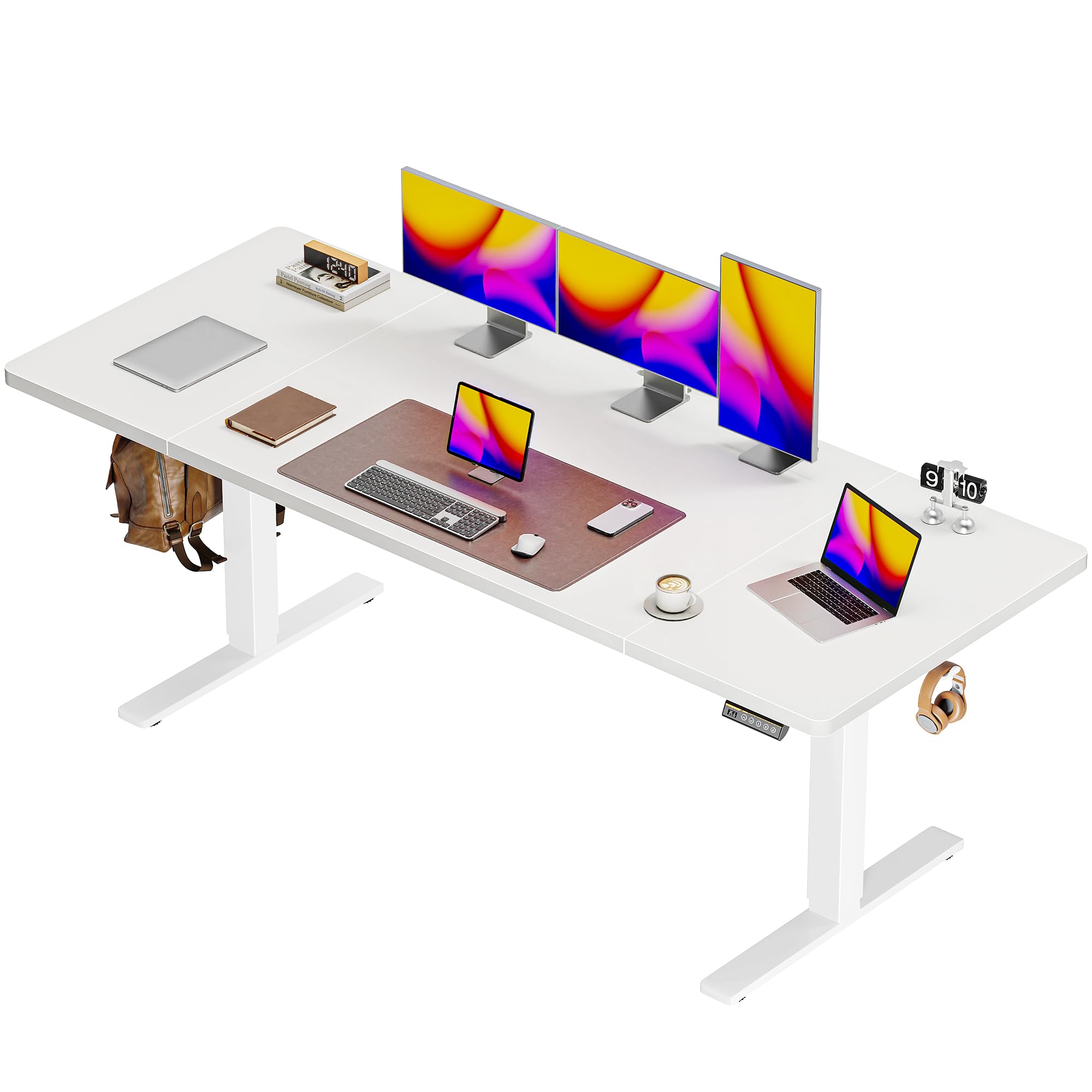 huuger 71 x 30 large electric standing desk, height adjustable computer desk, 29.5" deep desktop, stand up gaming office table with 2 hooks, 3 preset heights, for home office, white