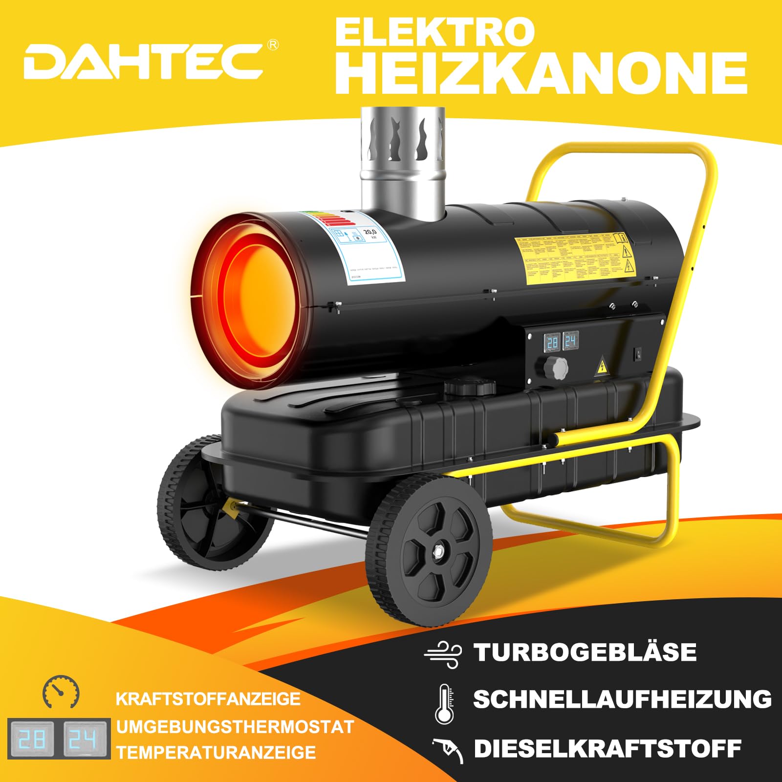 Indirekte Diesel Bautrockner 20 kW Heizkanone Bauheizer - 38 L Großtank - Ölheizer Heizgebläse mit Thermostat für Werkstätten, Baustellen und landwirtschaftliche Betriebe