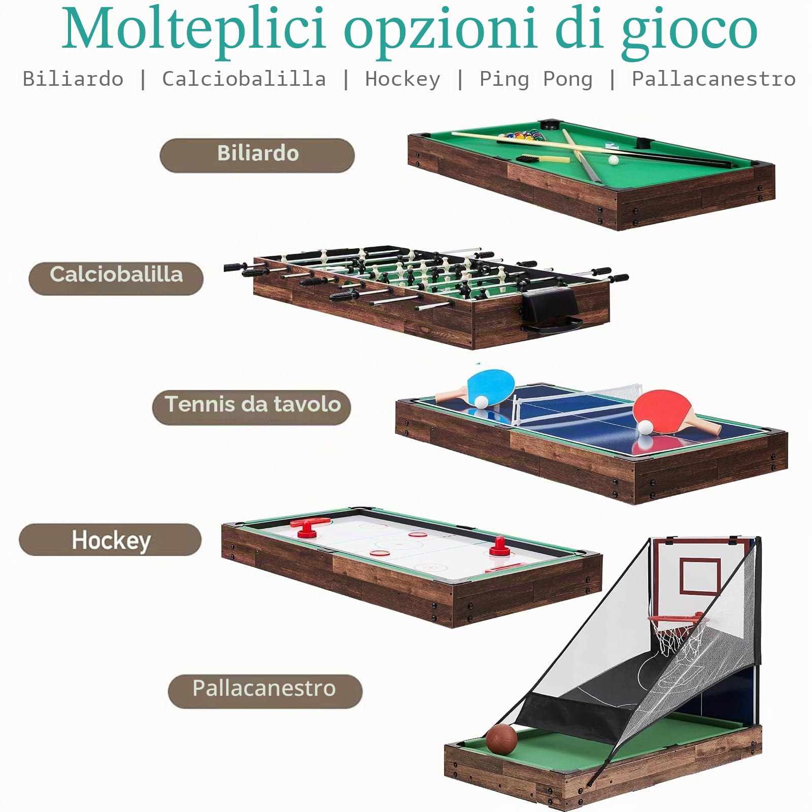5 in 1 tavolo da multigioco, tavolo da gioco sportivo combinato per bambini tavolo da biliardo, biliardino, tavolo da ping pong, air hockey e pallacanestro con tutti gli accessori grande regalo