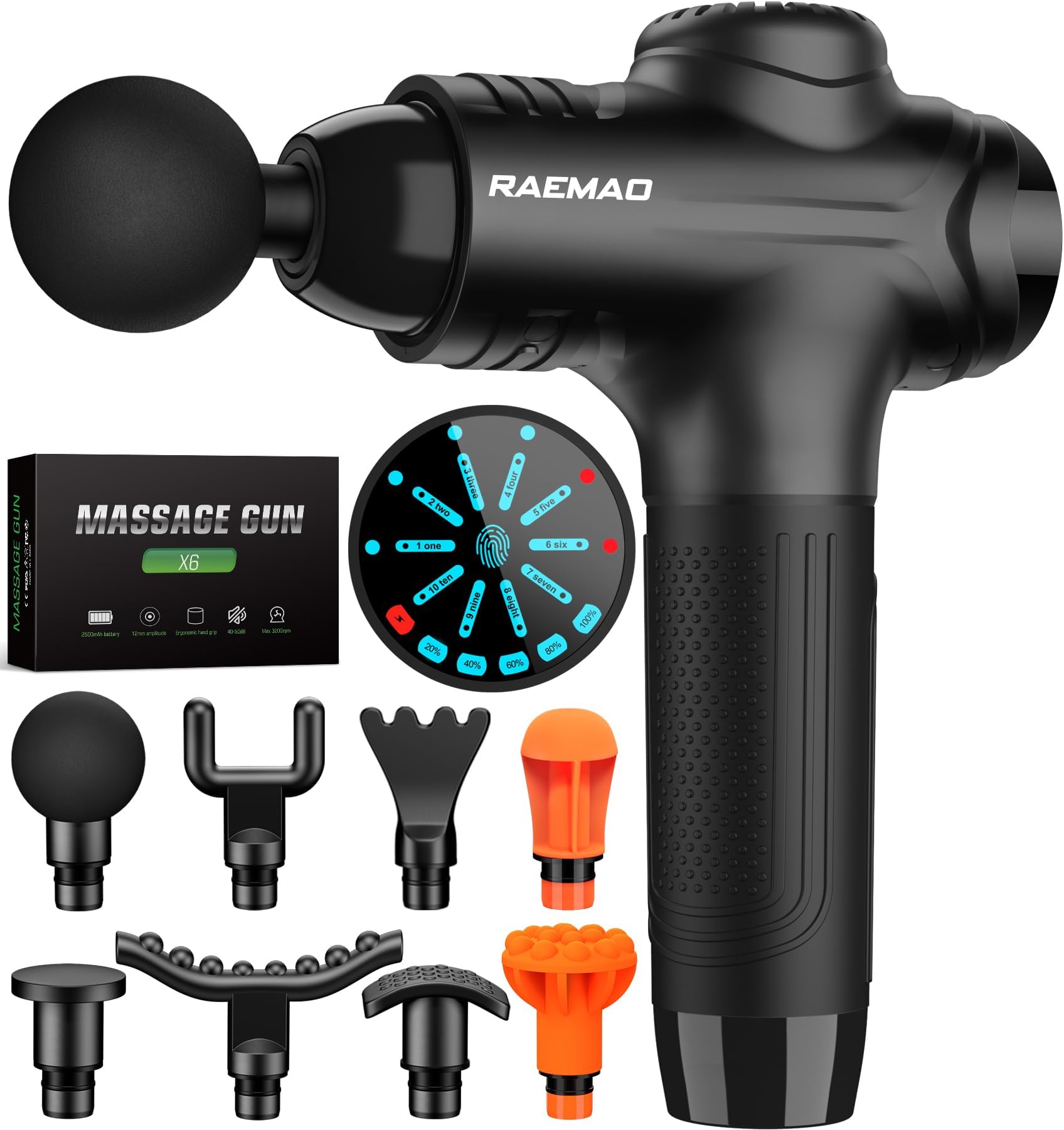 RAEMAO Massage Gun, Handheld Electric Deep Tissue Muscle Massager for Athletes for Pain Relief Attaching 8 Replacement Heads, Percussion Massager with 10 Speeds, Father's Day Gifts, Black