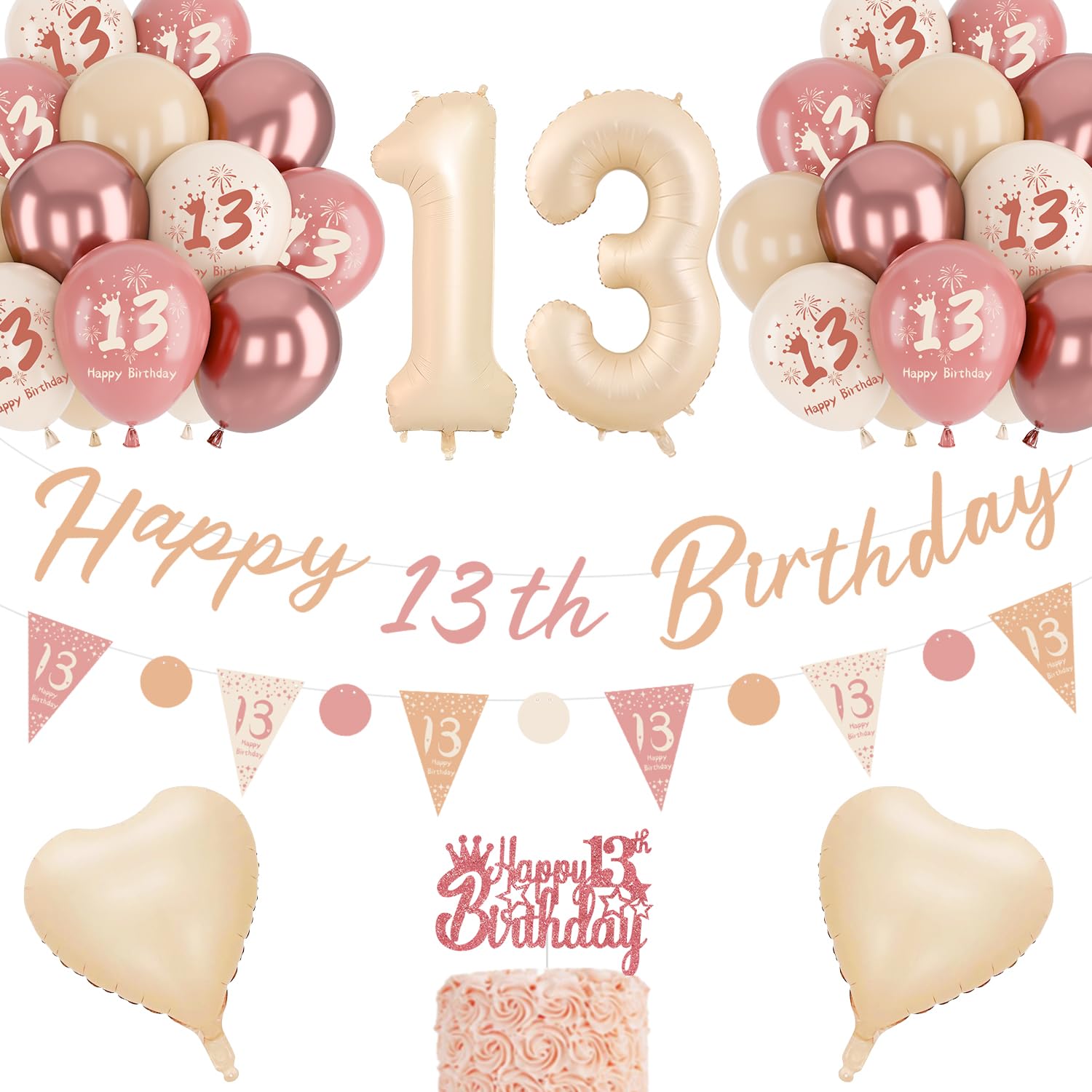 13th Birthday Decorations Girls, Retro Blush Pink Balloons, 13th Birthday Banner, Unique Triangle Flag Banner, 13th Birthday Balloons, Rose Gold White Sand Nude Balloon Set