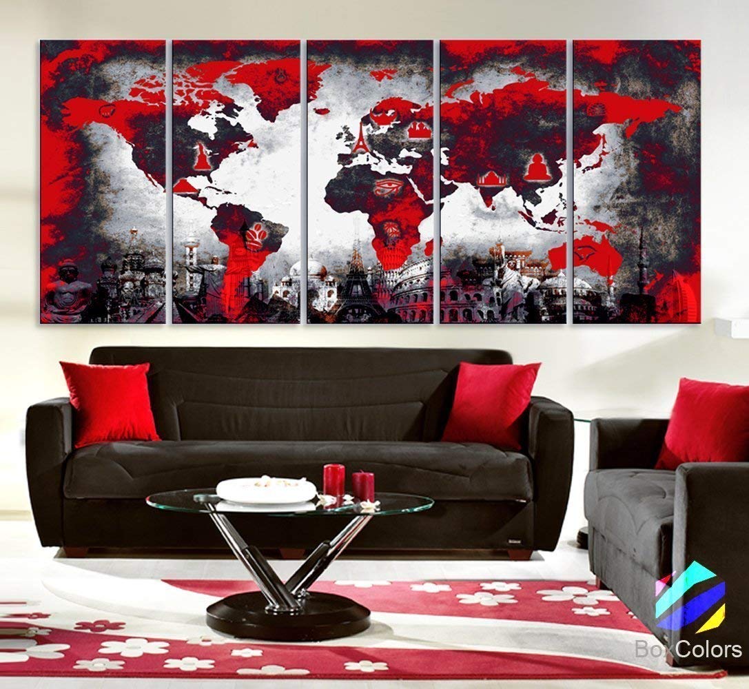 Original by BoxColors Xlarge 30"x 70" 5 Panels 30x14 Ea Art Canvas Print Original Wonders of the world Red background Black & white Map Wall decor Home interior (framed 1.5" depth)