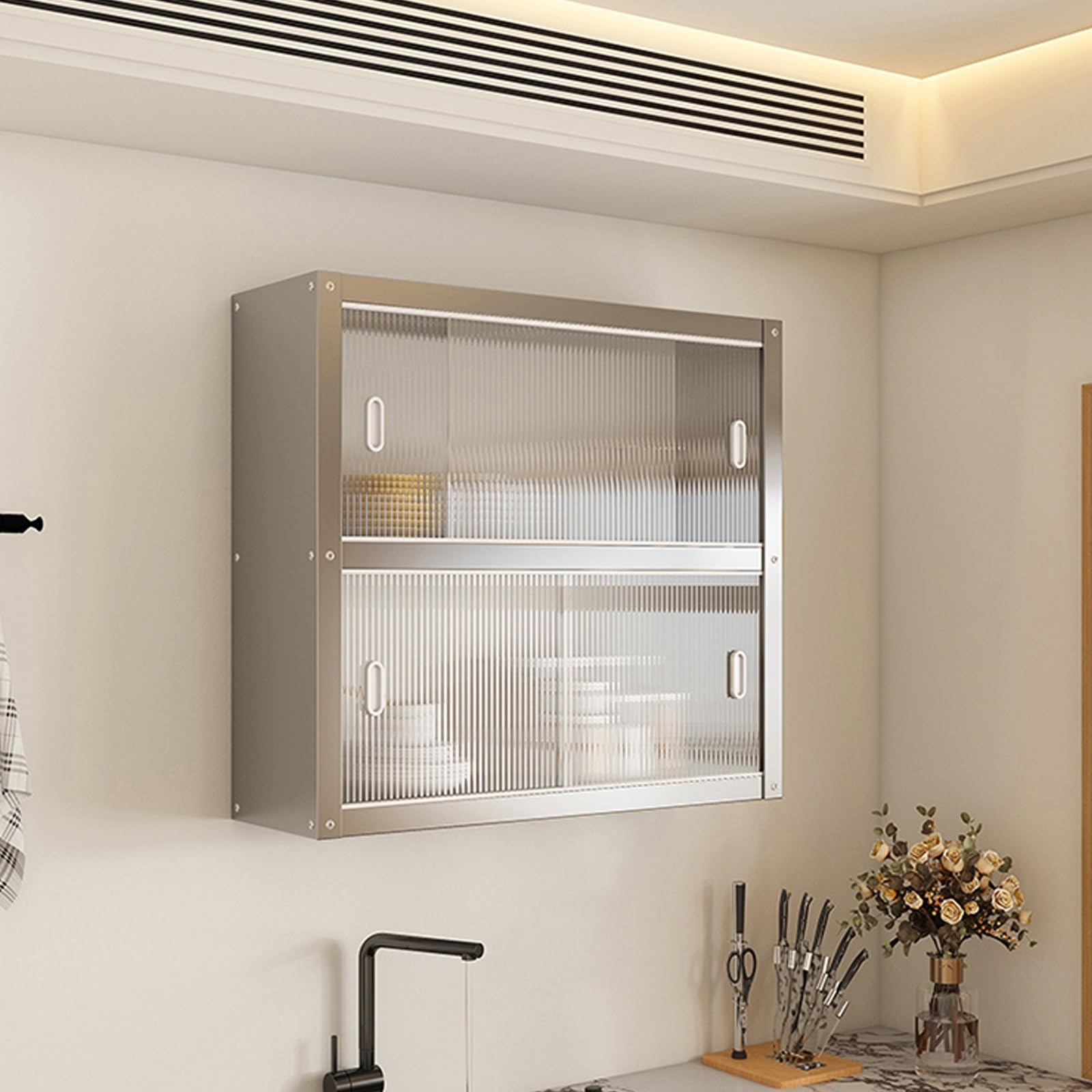 Scaffale portaoggetti da cucina in acciaio inox a parete,a uno o due strati,mobiletto a, sospeso a, con ante scorrevoli(70 * 30 * 70cm/27.6 * 11.8 * 27.6in)
