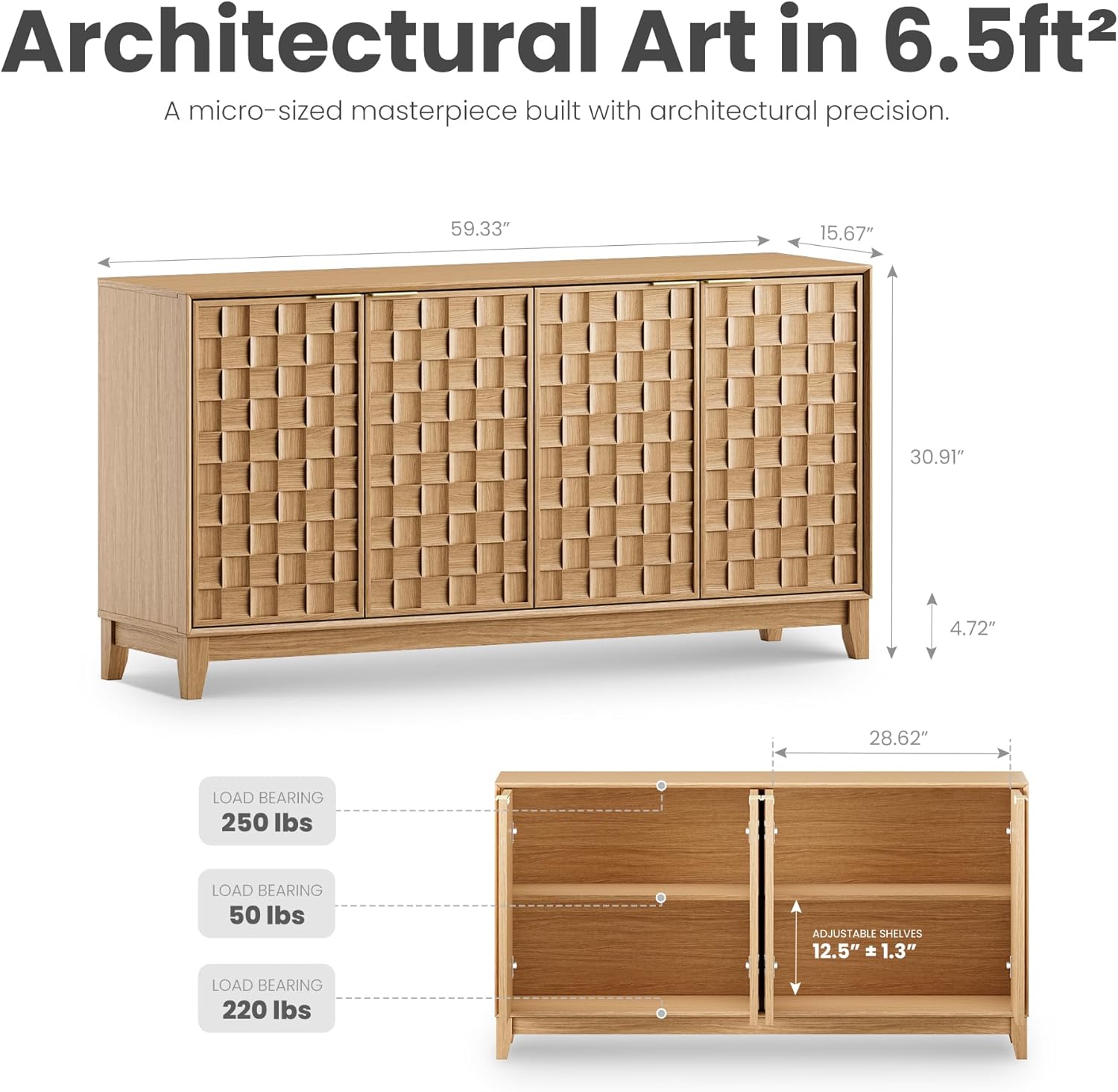 MALOL Fluted Sideboard Buffet Cabinet with Storage, Wood Buffet Table with 4 3D-Checkerboard Doors & Adjustable Shelves, Kitchen Dining Room Coffee Bar Cabinet, Mid Century Modern Style, Natural Wood