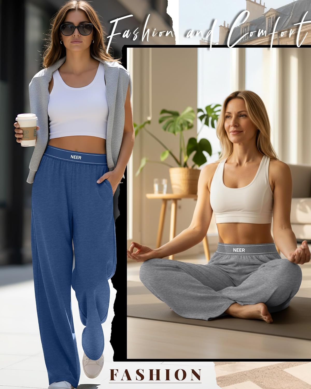 Neer 3 Pack Women's Cotton Lounge Pants High Waisted Wide Leg Yoga Pants Casual Comfy Athletic Loose Sweatpants with Pockets - Image 2