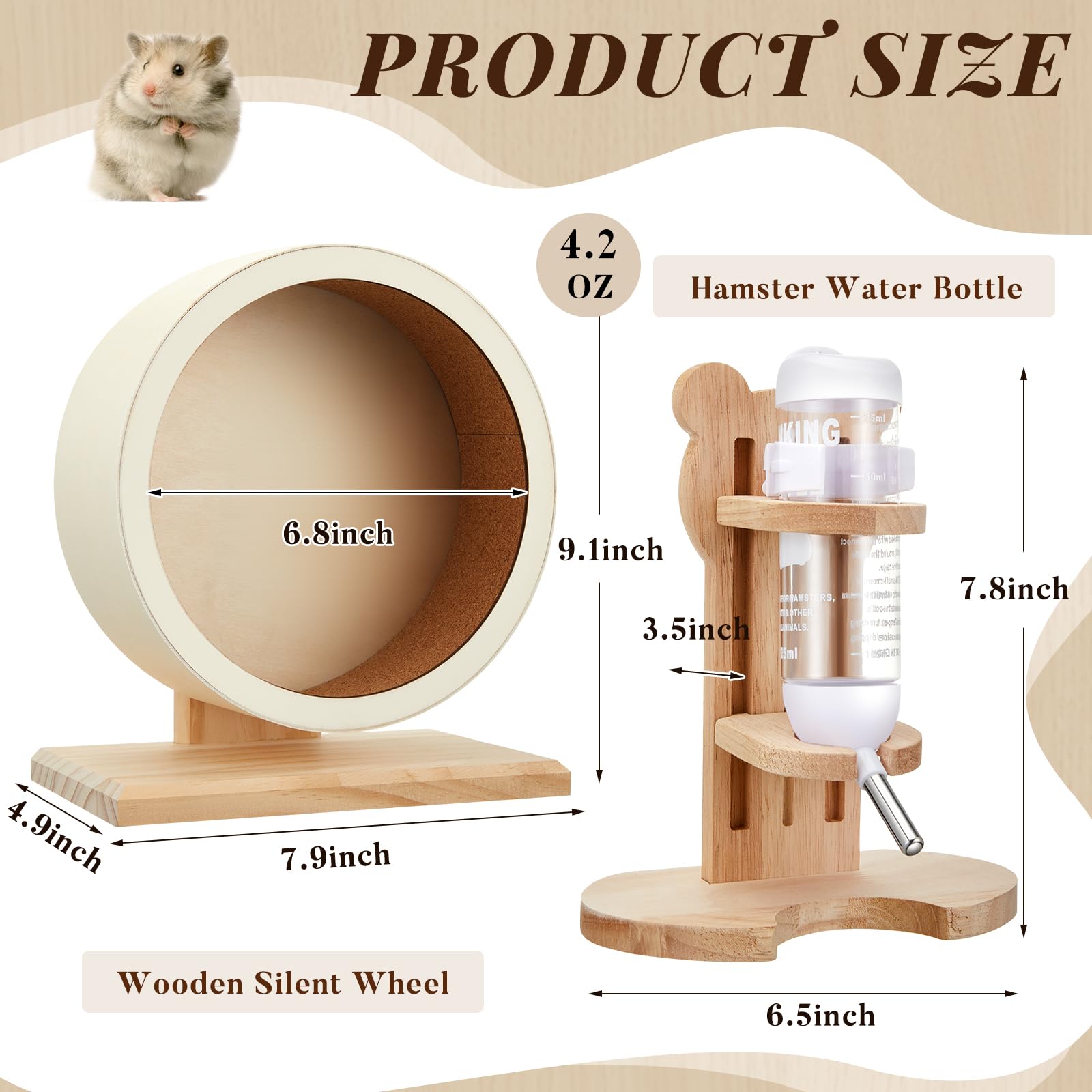 2 Pcs S, 7.9 Inch Wooden Hamster Wheels and Wood Hamster Water Bottle Set Guinea Pig Running Silent Exercise Wheels Small Animal Water Dispenser Stand Holder for Guinea Pig Gerbil - image 3