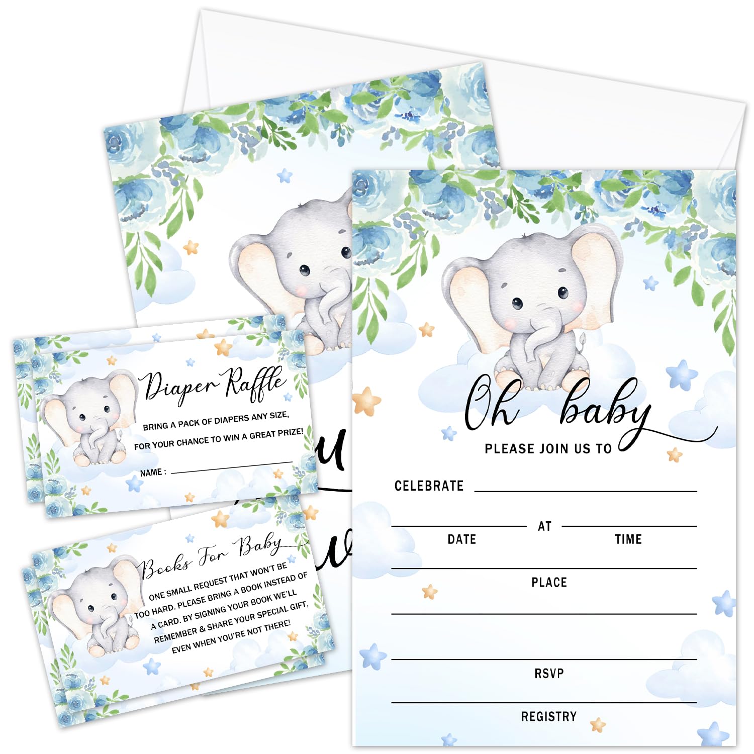 Blue Floral Elephant Baby Shower Invitations Kit with Envelopes, 25 Set Baby Shower Invites & 25 Diaper Raffle Tickets & 25 Baby Shower Book Request