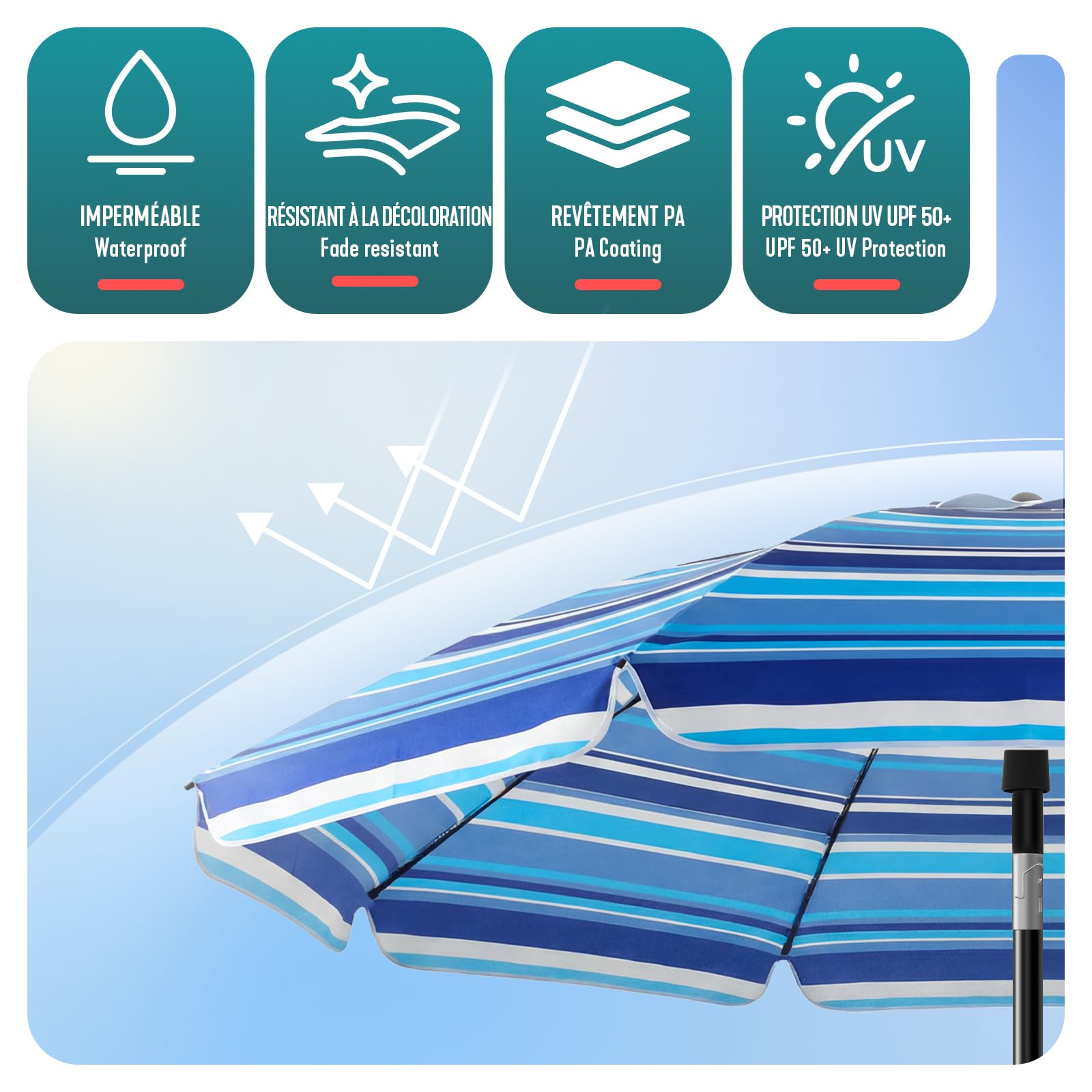 VOUNOT® 2m Tilting Garden Parasol with Ground Anchor, Beach Umbrella with Carry Bag, UV 50+, Adjustable Outdoor Parasol for Patio, Deck & Table, Mixed Blue Stripes — view 4