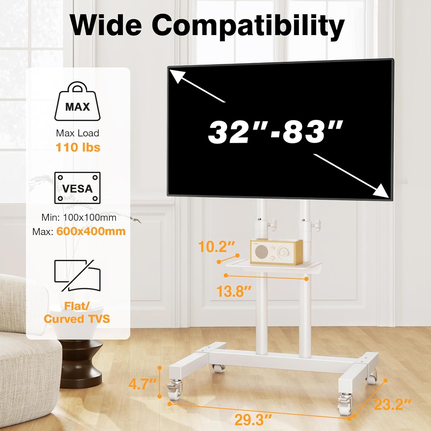 Mobile TV Stand Rolling TV Cart Floor Stand with Mount on Lockable Wheels Height Adjustable Shelf for 32-83 Inch TV Stand Flat Screen or Curved TVs Monitors Display Trolley Loading 110 lbs, White