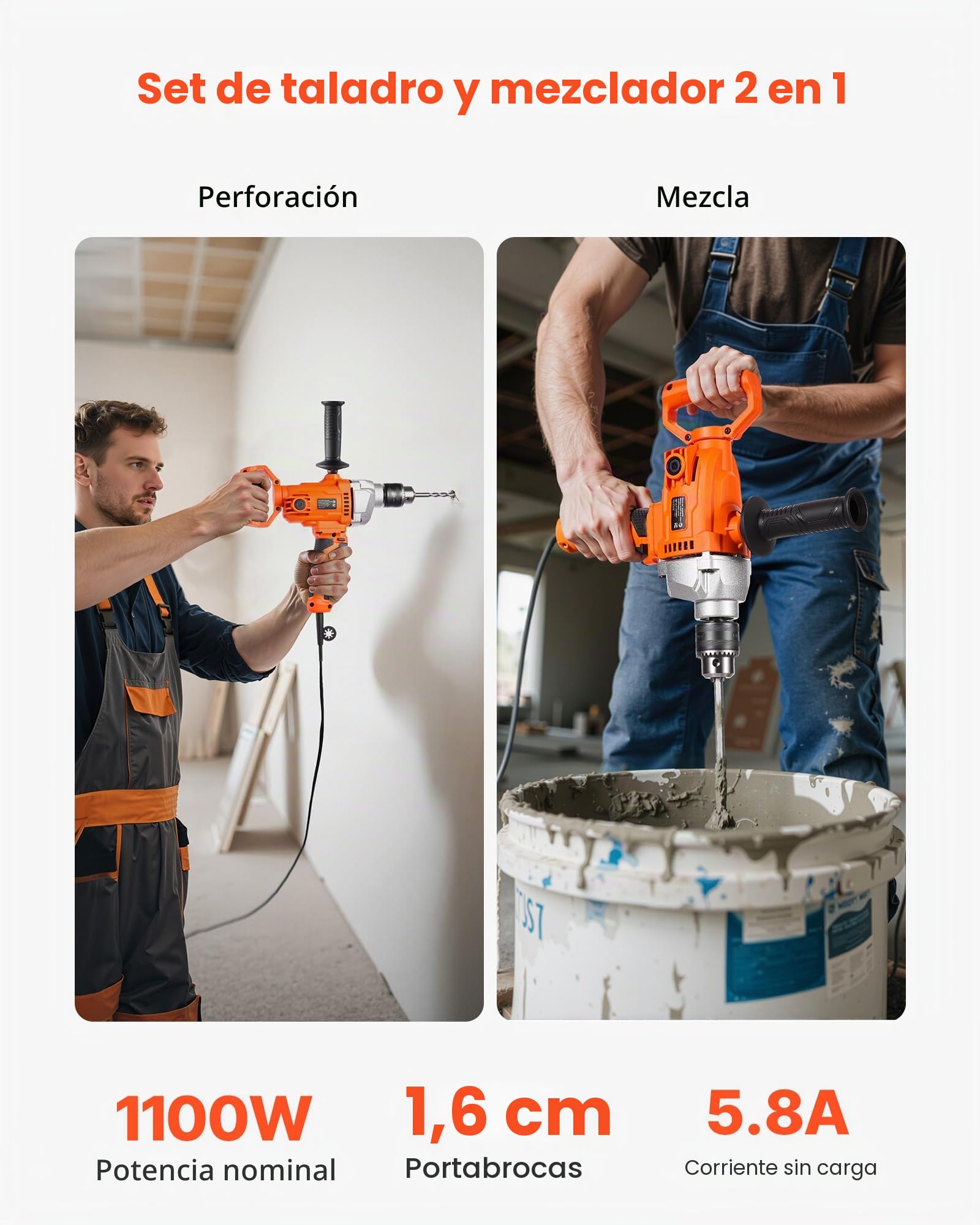 VEVOR 1100 W Mezclador de Mortero Eléctrico 2 en 1, Taladro Mezclador con Cable, Agitador de Hormigón con Mandril de 15,89 mm, 0-850 RPM, mango en D, para Taladrar, Mezclar Pegamento, Pintura