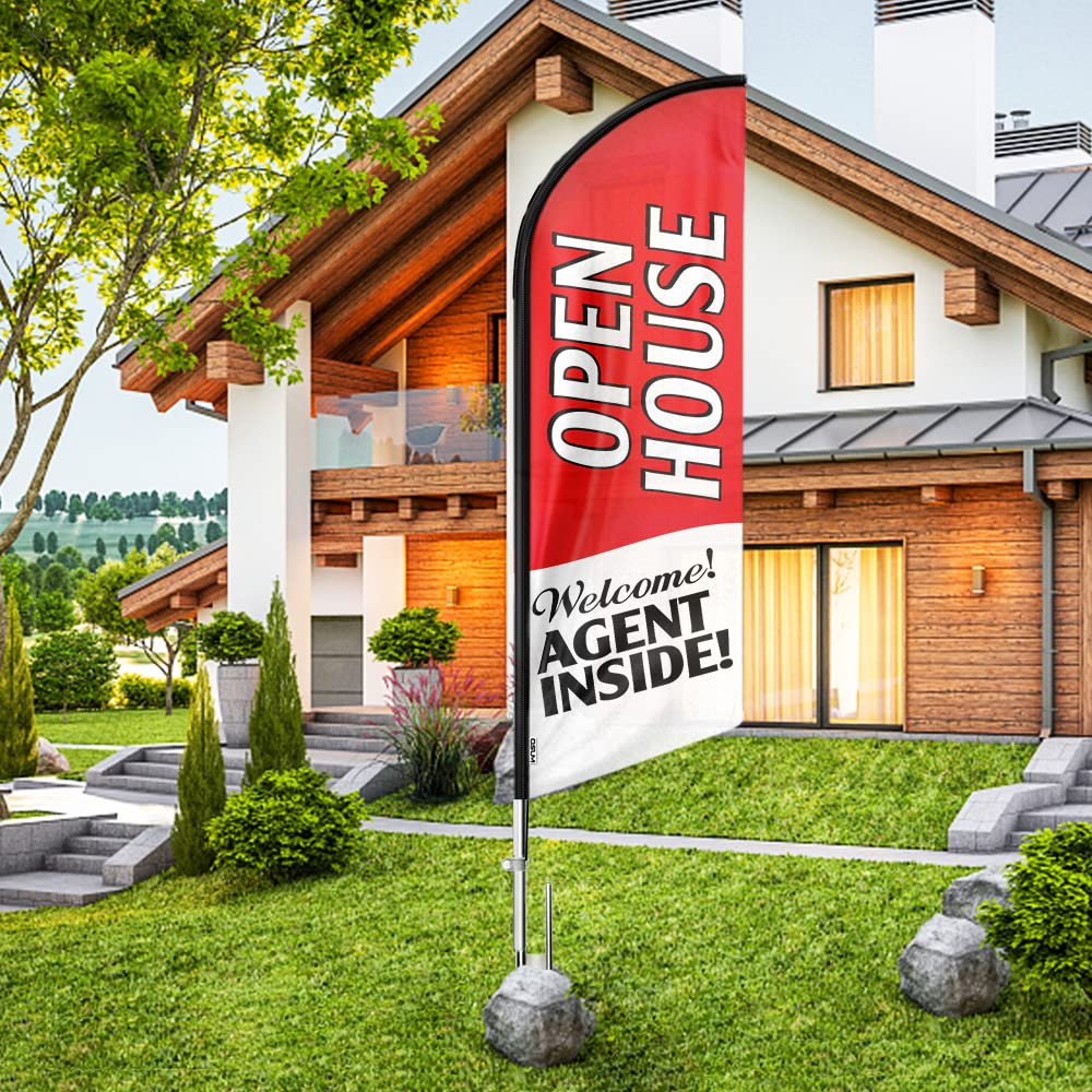 QSUM Open House Signs for Real Estate Agents, 11FT Swooper Open House Feather Flag Sign with Flagpole/Stainless Steel Ground Stake/Portable Bag, Open House Banner for Business