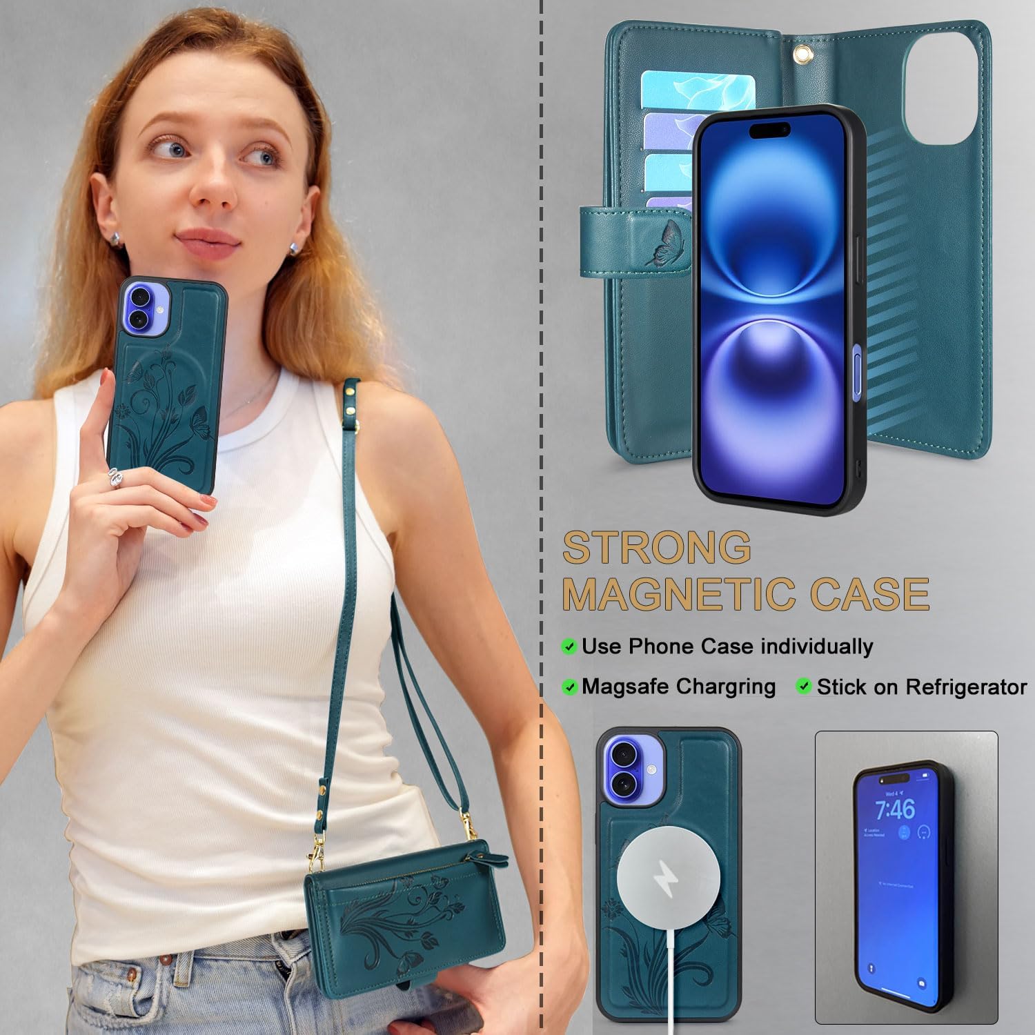 Lacass for iPhone 16 Plus 6.7 inch Detachable Crossbody Wallet Case,Compatible with MagSafe Wireless Charging, [Cards Theft Scan Protection], Magnetic Case Stand PU Leather Zipper(Floral Cyan Green)