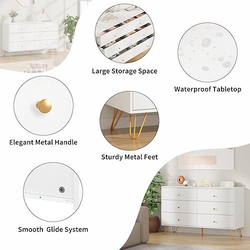 Miniatura 6 de CARPETNAL Cómoda blanca para dormitorio, cómoda de 6 cajones con cajones anchos y asas de metal dorado, aparadores de madera y cómoda de pasillo,
