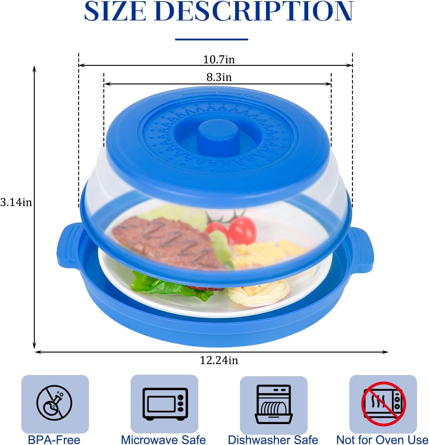 10.7 Inch Microwave Food Cover with Heat Insulation Mat, Anti-Scald Collapsible Microwave Splatter Cover, Multi-Functional as Colander & Fruit Plate, Dishwasher Safe, Ideal for Meal Prep (Dark Blue)