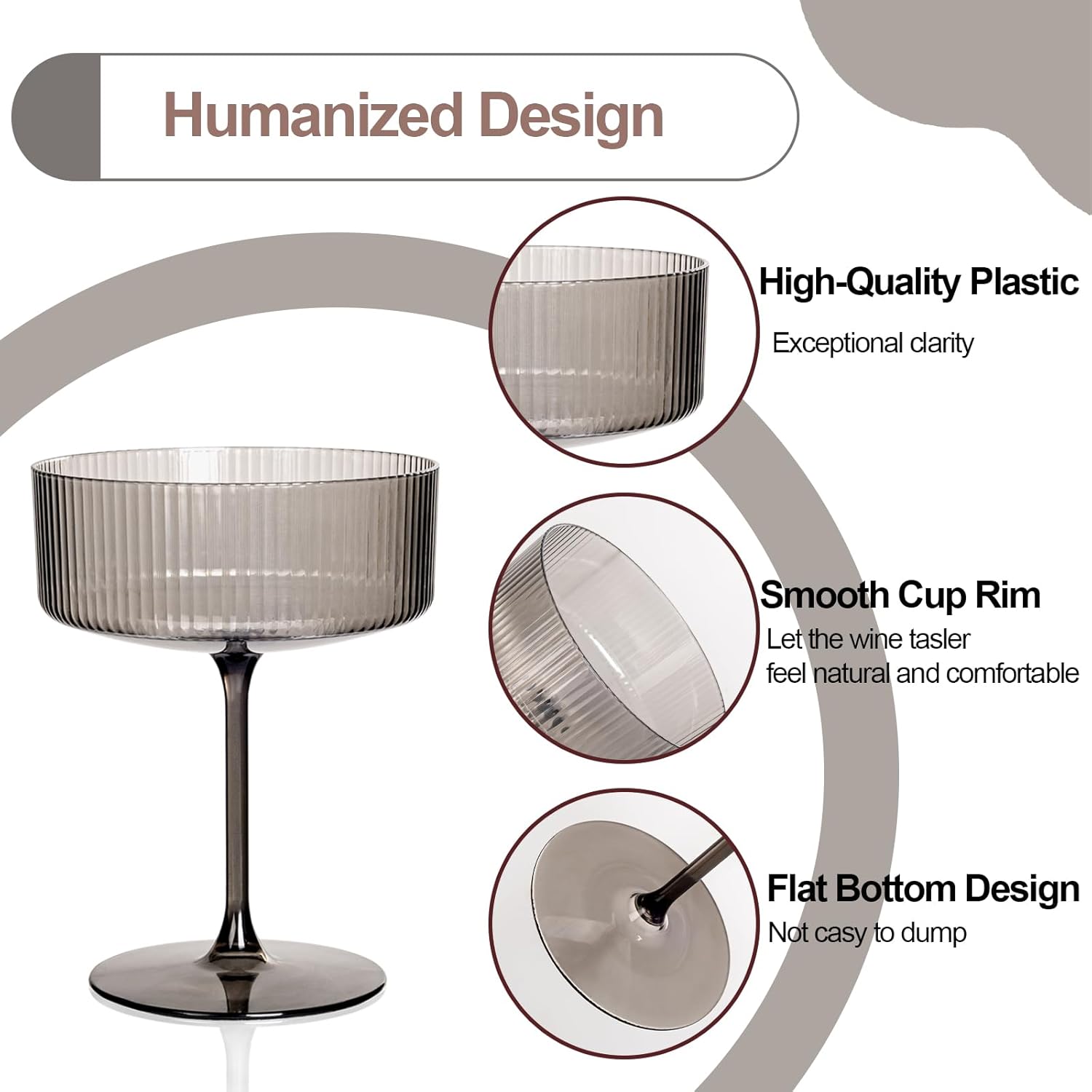 Ciaell 12PCS Plastic Ribbed Martini Glasses - 10 Oz Black Disposable Coupe Glasses with Stem - Heavy Duty Margarita Cups for Bars, Cocktails, Whiskey, Parties & Wedding - Image 3