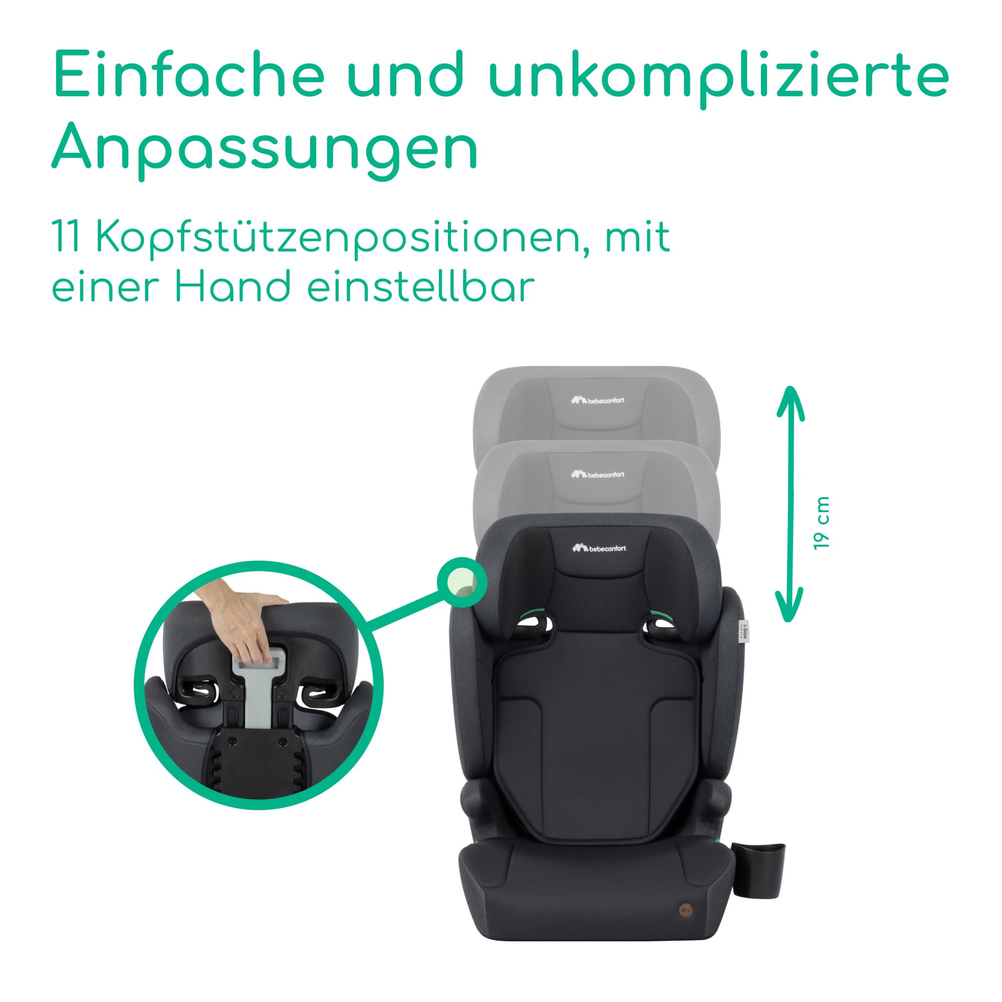 Bebeconfort Ride 2-in-1 i-Safe Kindersitz, 3,5-12 Jahre (100-150 cm), Kindersitz mit Gurt, Abnehmbare Rückenlehne, Leicht (3,4 kg), 11 Kopfstützpositionen, Becherhalter, Full Black